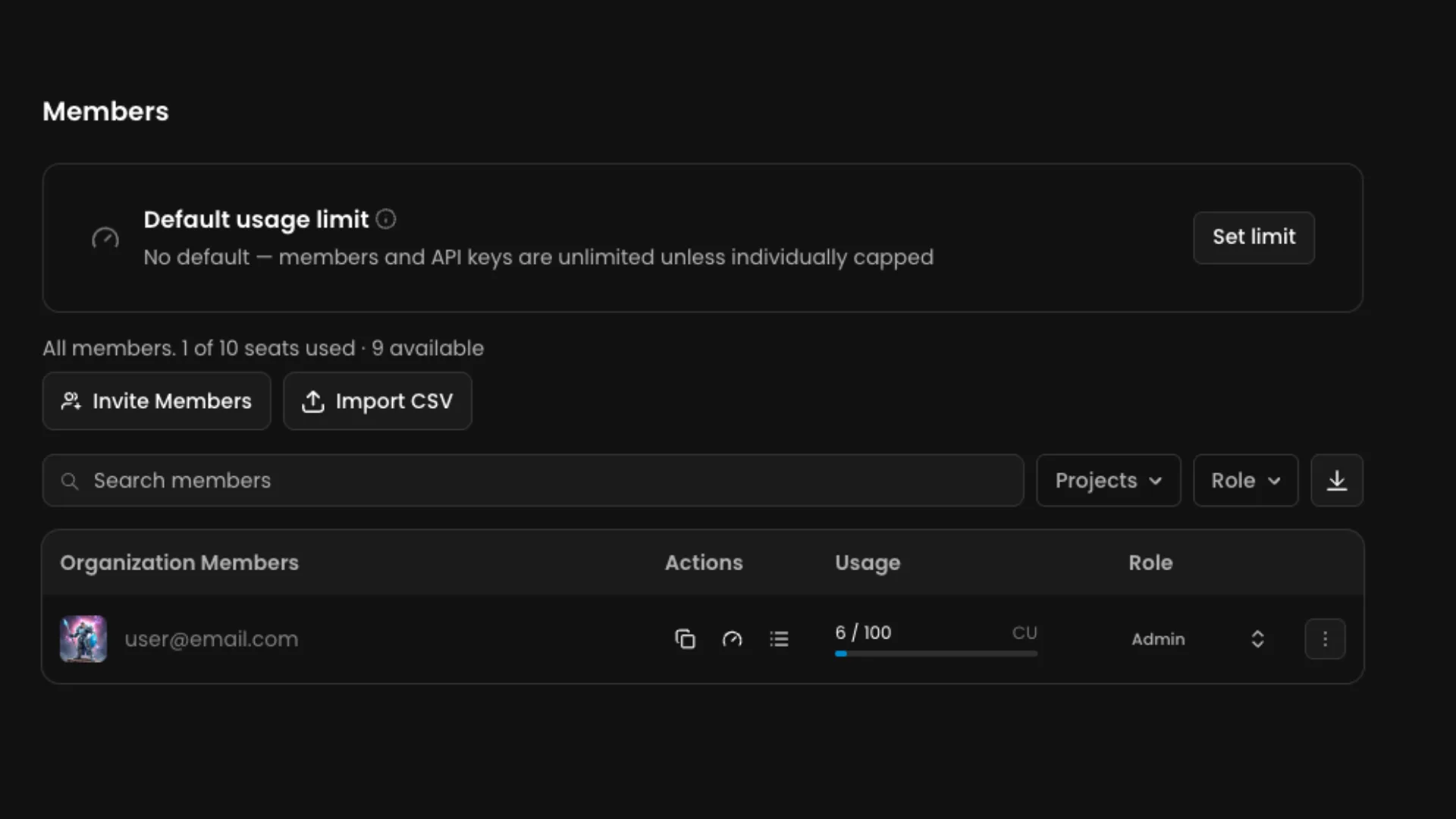 Members management dashboard showing default usage limits, member list with email address, actions, usage statistics (6/100 CU), and admin role assignment in dark interface