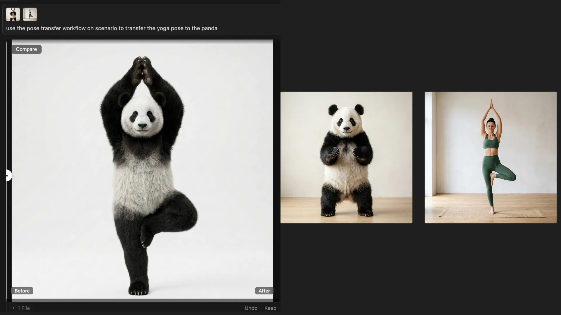 Panda performing yoga tree pose with arms raised, demonstrating pose transfer workflow from human to animal