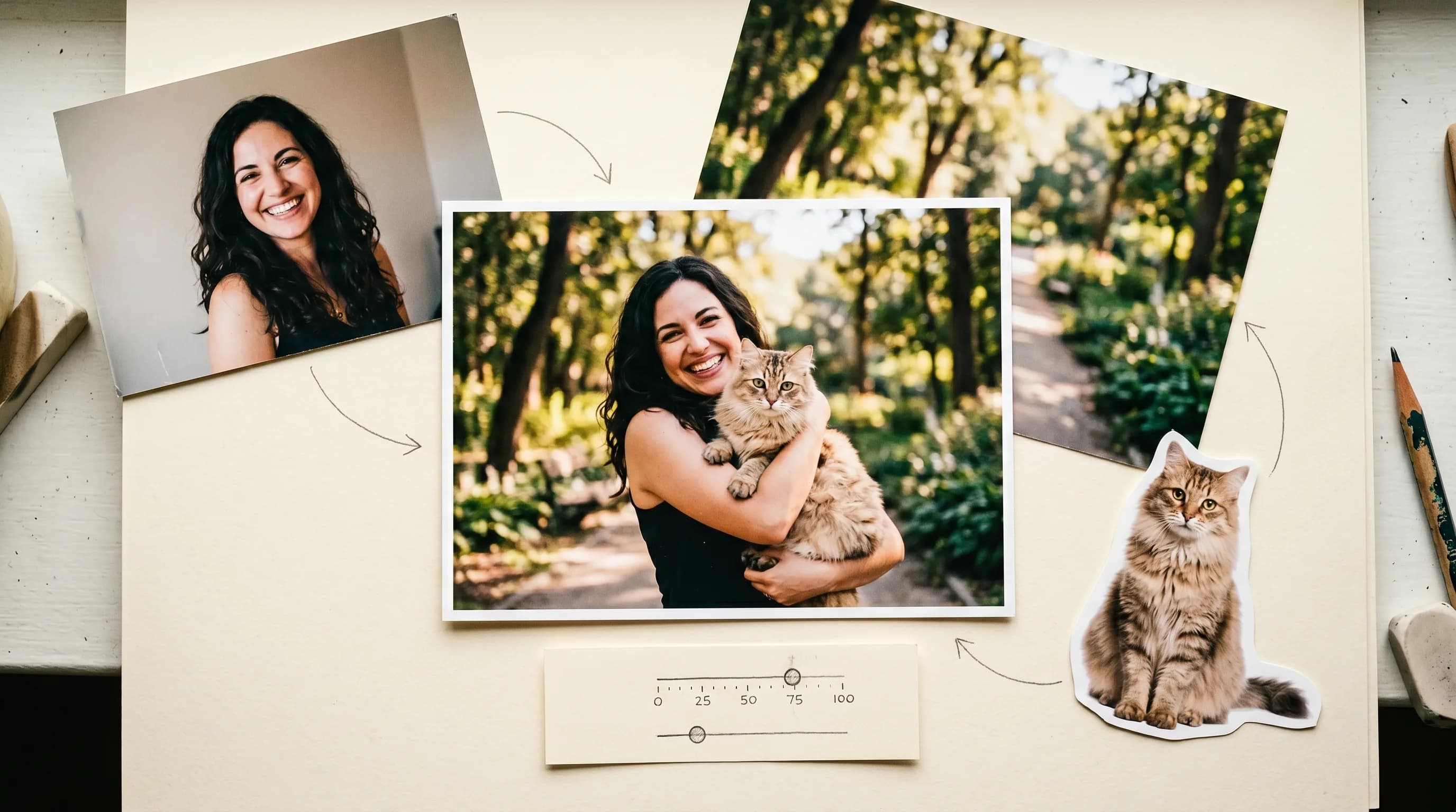 Photo collage showing woman holding fluffy tabby cat in forest setting with additional portrait photos and design elements