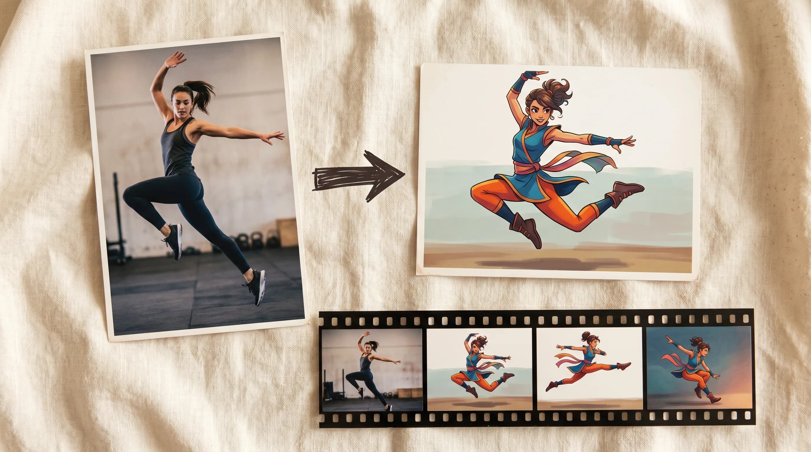 Athletic woman in black sports outfit jumping, transformed into cartoon animation style illustration with blue and orange superhero outfit
