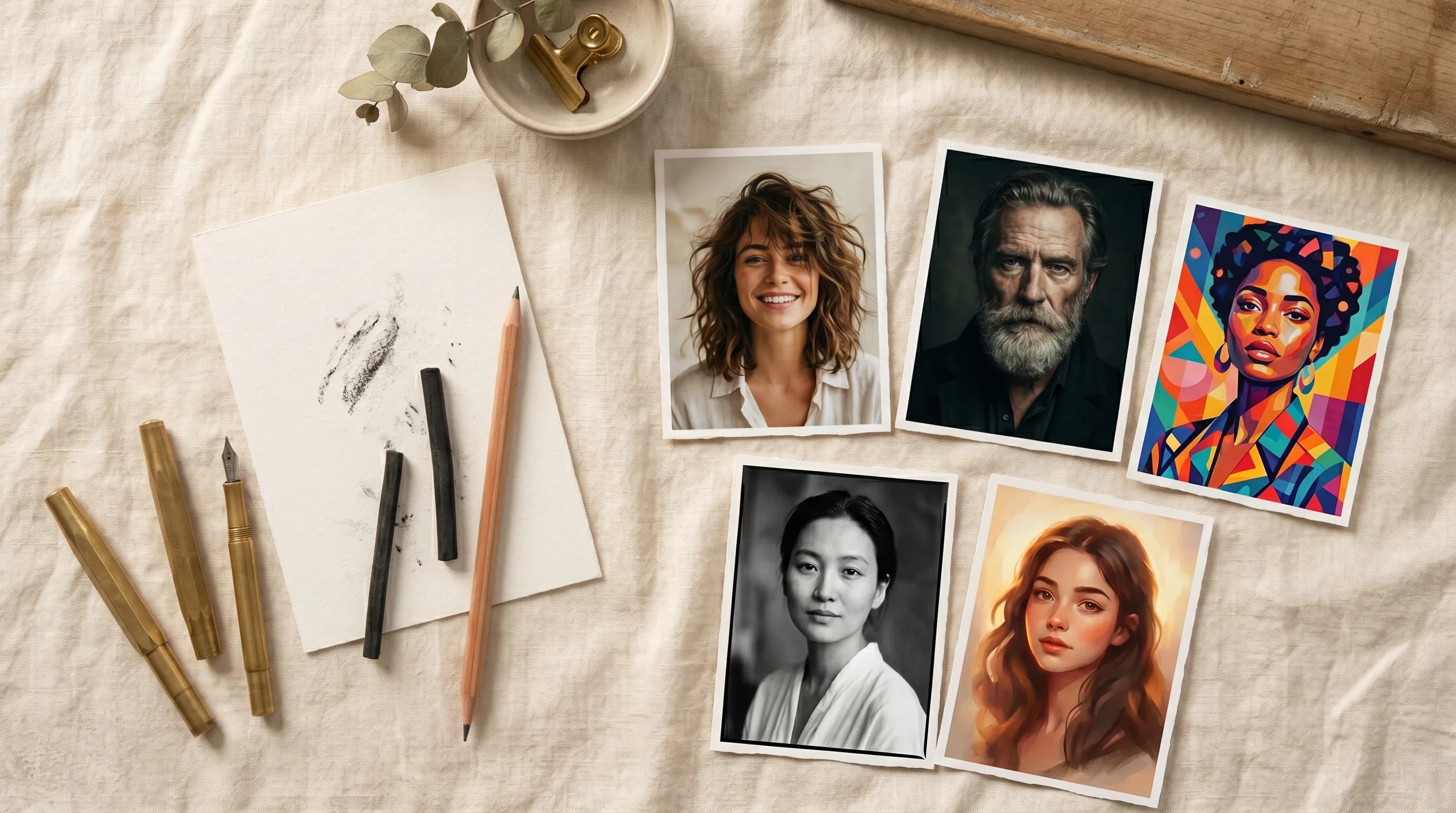 Flat lay of portrait art prints and sketching supplies on canvas, featuring diverse face studies and drawing tools