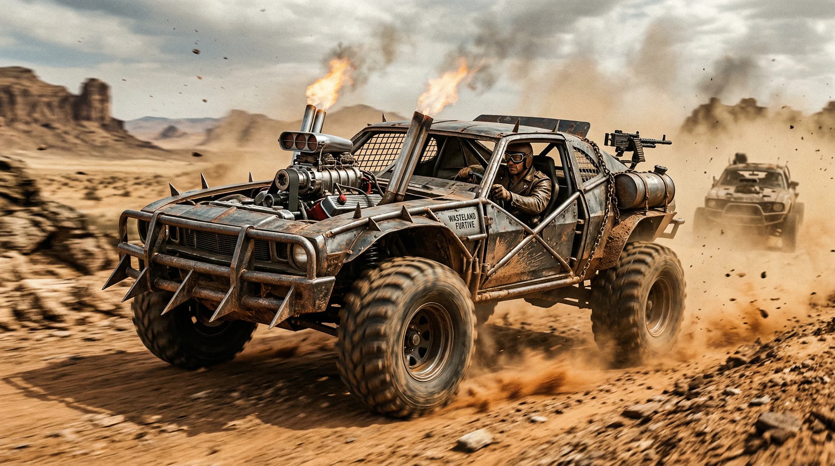 Post-apocalyptic wasteland fortified war rig with flame throwers racing through desert dust storm, armed convoy chase scene