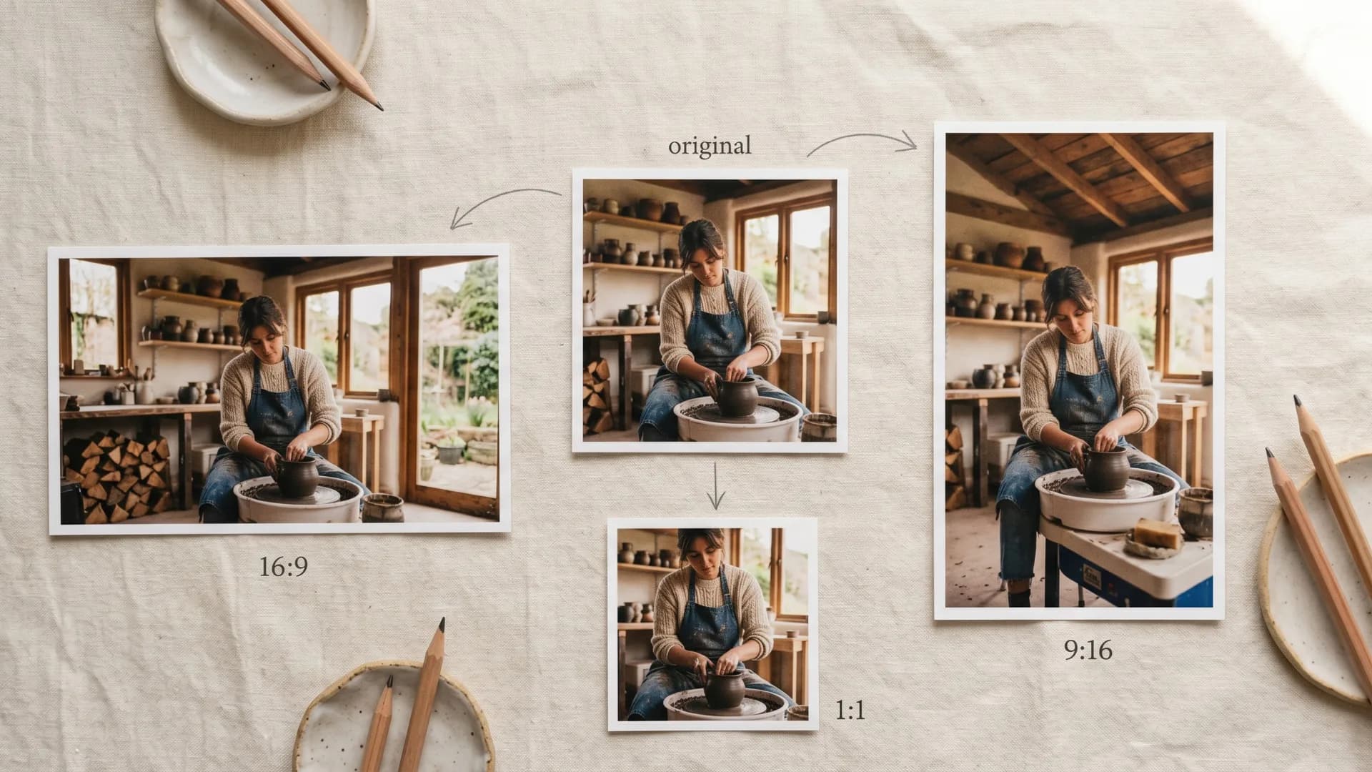 Potter working at clay wheel in rustic ceramic studio with wooden shelves, shown in multiple aspect ratios for design inspiration