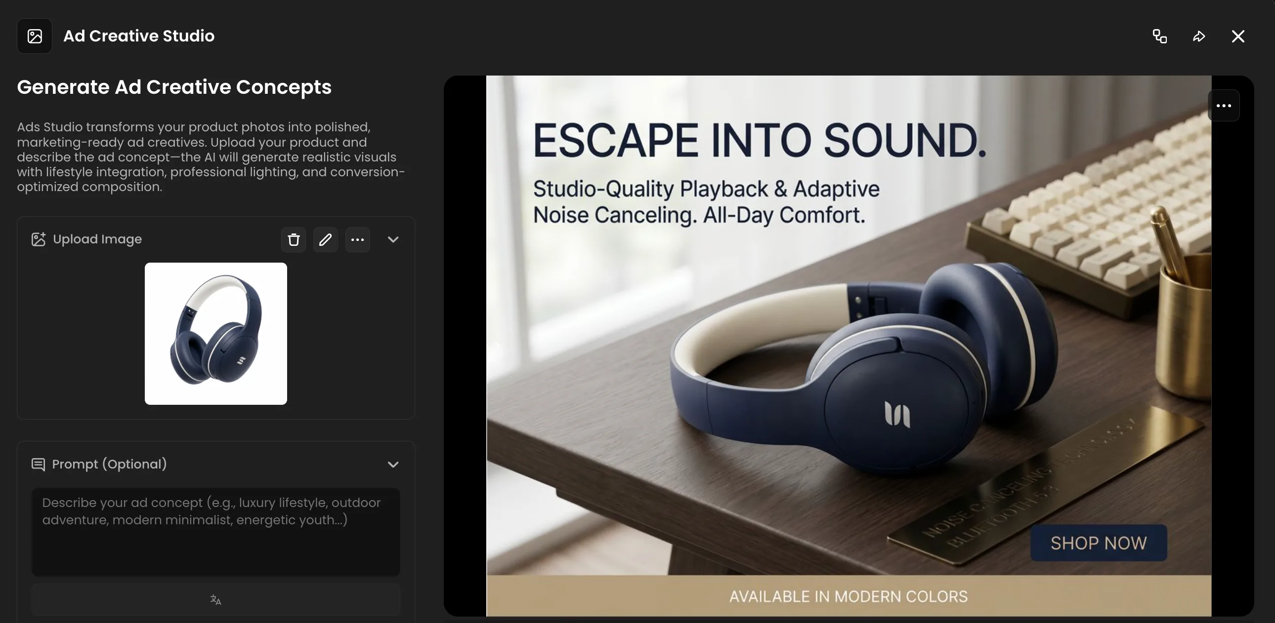 Dark blue wireless headphones with noise canceling on modern desk with keyboard and pen holder, professional studio product advertisement