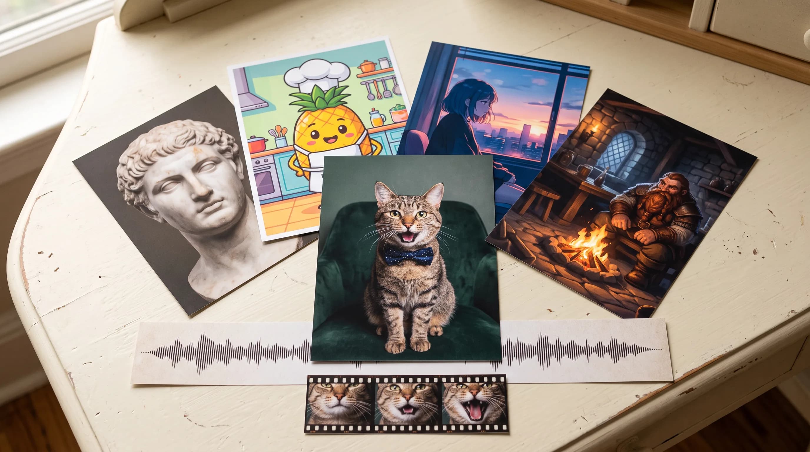 Collection of printed photos arranged on white table including cat portrait with bow tie, anime illustration, classical bust sculpture, sunset cityscape, and fantasy fireplace scene with film strip