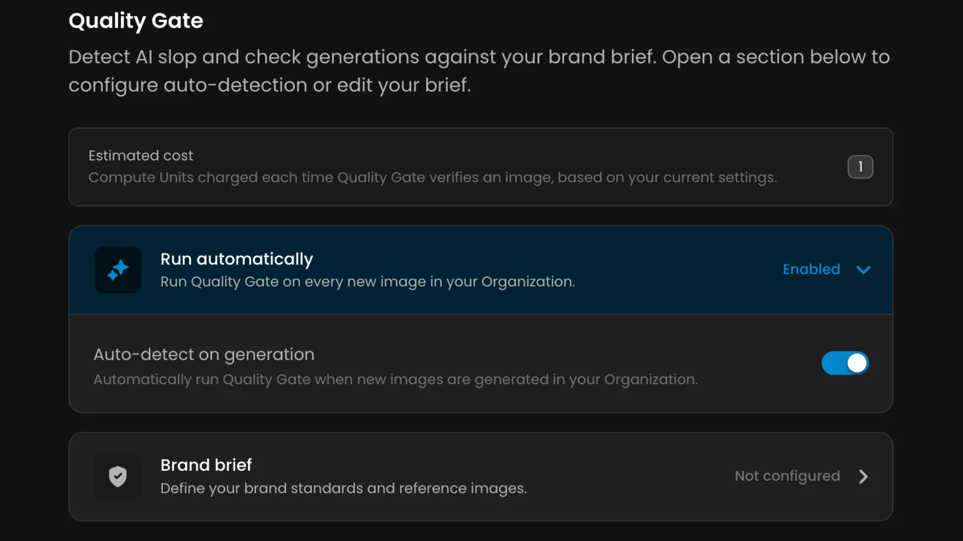 Quality Gate dashboard showing AI detection settings, auto-detection toggle, and brand brief configuration options for content verification