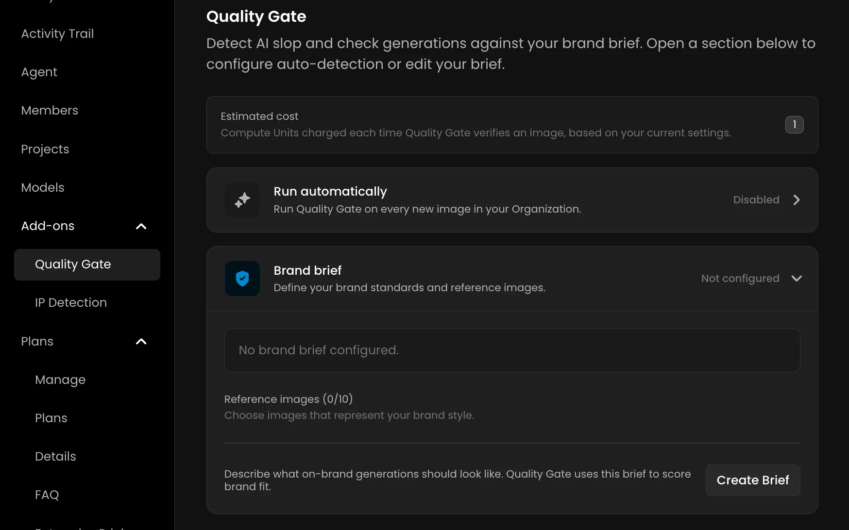 Quality Gate interface showing brand brief configuration for AI image detection and quality control settings