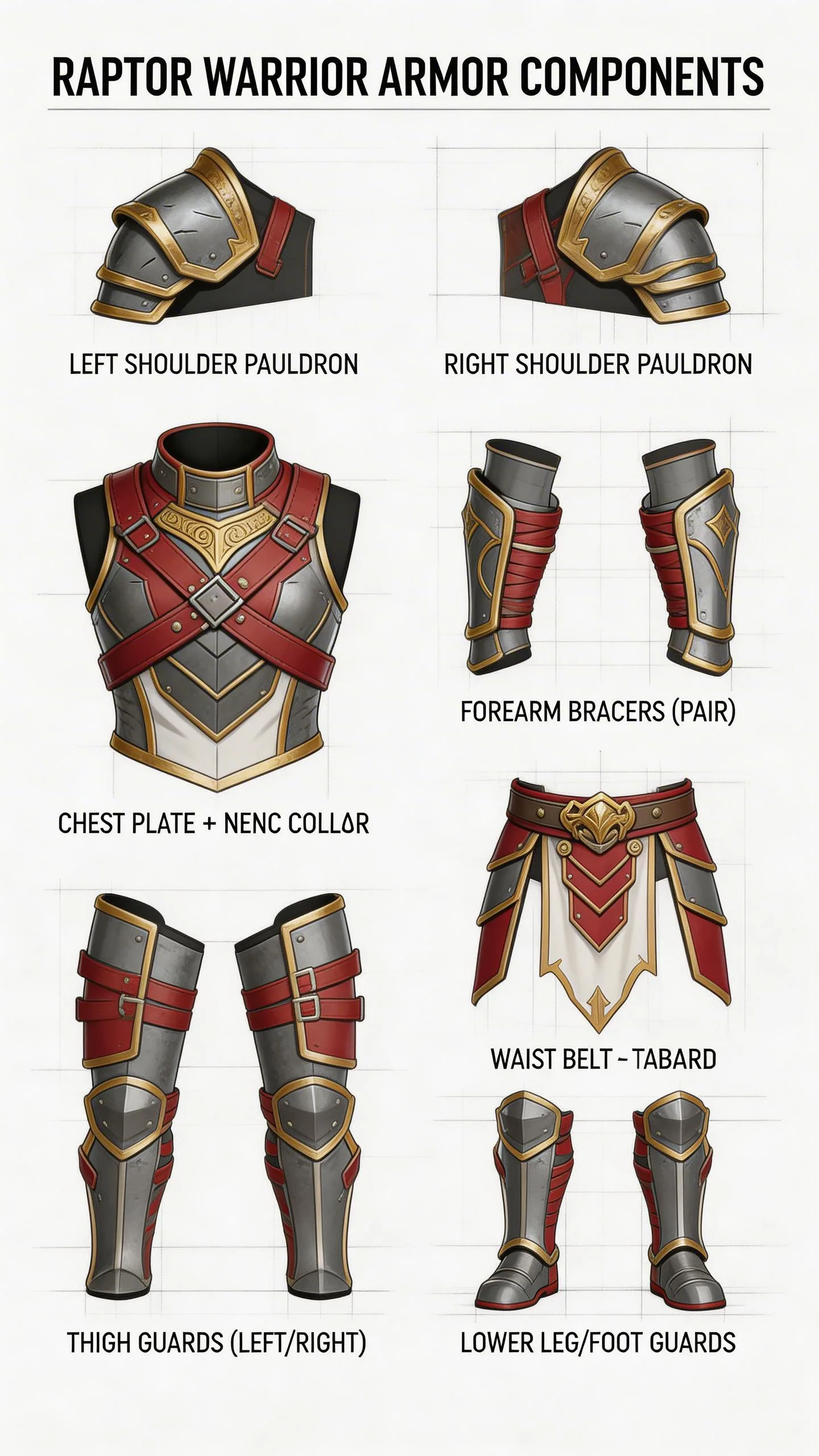 Fantasy raptor warrior armor components including shoulder pauldrons, chest plate, forearm bracers, waist tabard, and leg guards with gold and red details