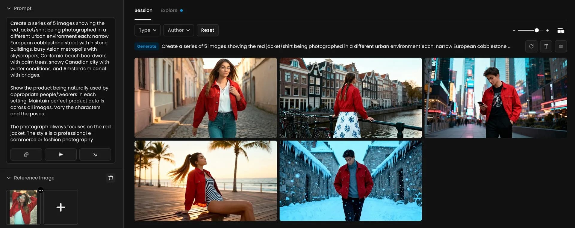 A collage of five professional fashion photos showing different people wearing a red jacket in distinct urban environments, including a European cobblestone street, Amsterdam canal, busy city with skyscrapers, snowy cityscape, and California beach boardwalk.