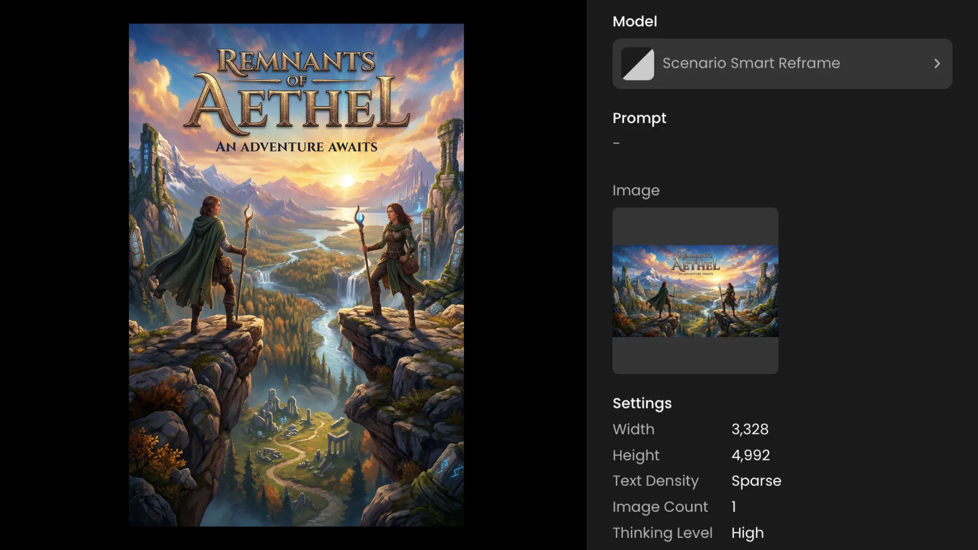 Fantasy game cover art showing two adventurers with staffs standing on rocky cliffs overlooking a magical valley landscape with mountains and sunset in Remnants of Aethel