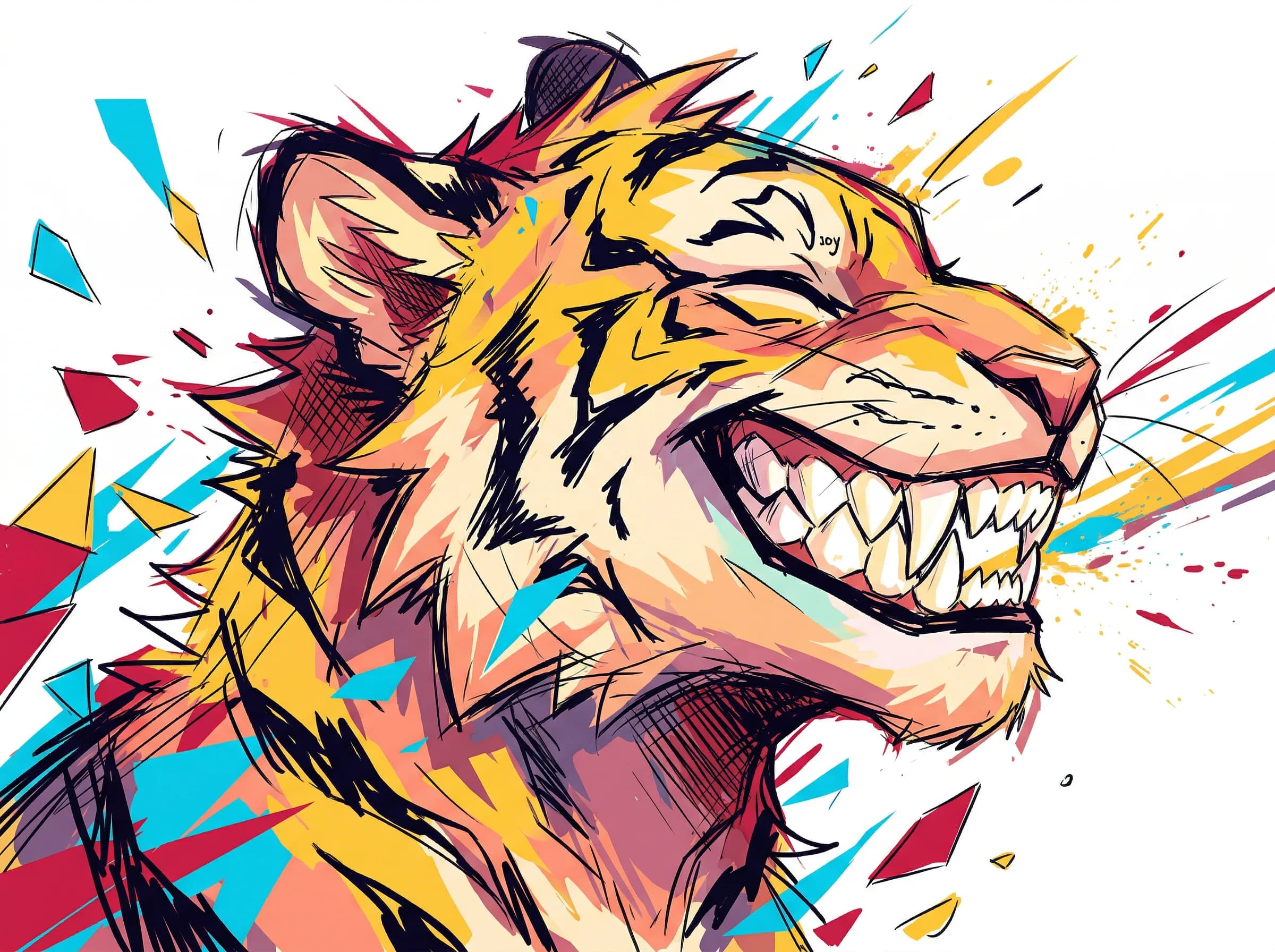 Vibrant abstract pop art illustration of a joyfully laughing man with dynamic geometric shapes in yellow, red, and blue colors