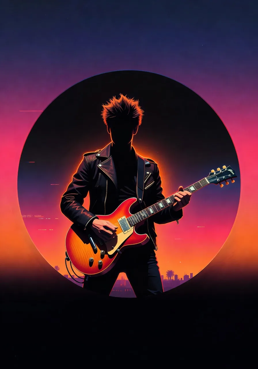 arafed image of a man playing a guitar in front of a sunset