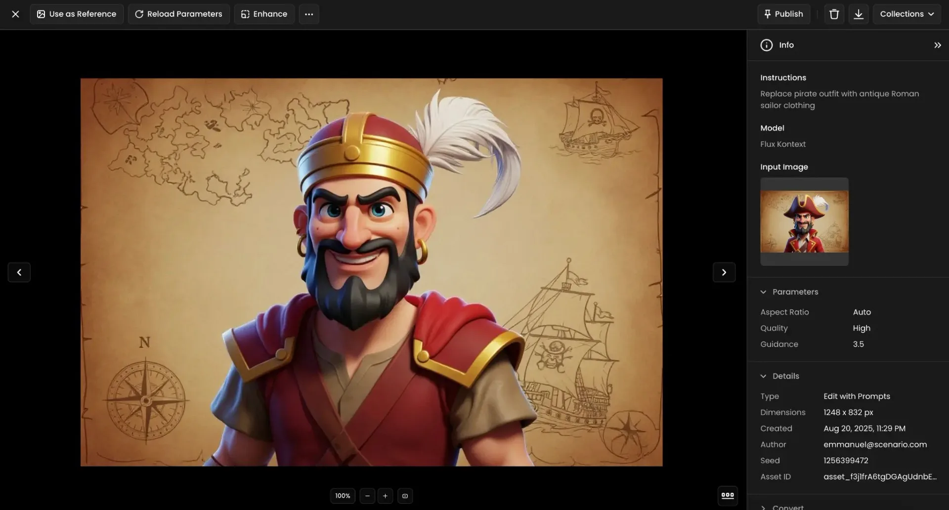 Cartoon Roman sailor character with gold helmet, red tunic, and feather, in front of an antique map background with ships.