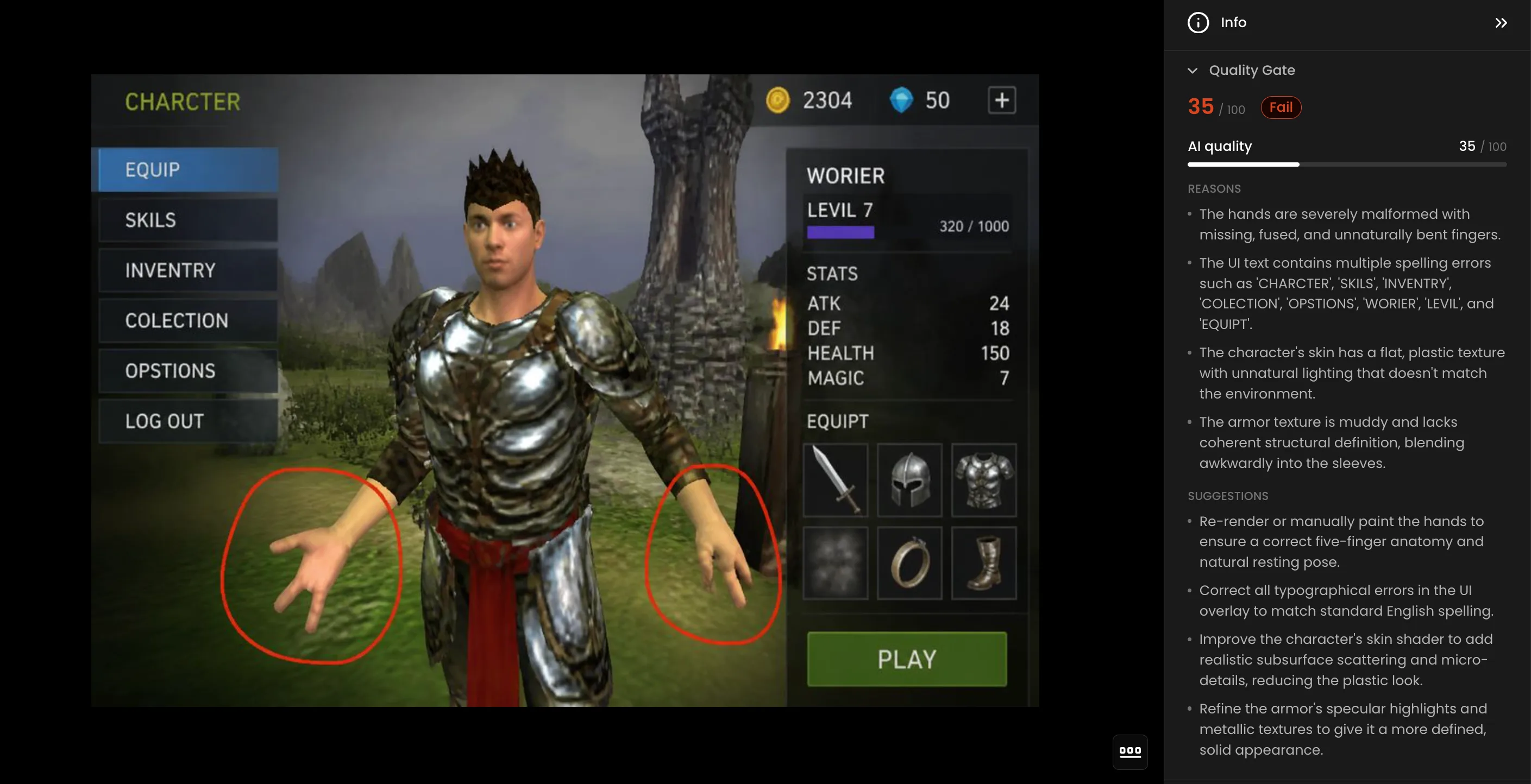 RPG game character interface showing armored worrier with quality gate assessment highlighting hand and texture rendering issues