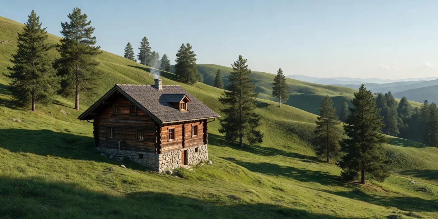 there is a small cabin on a hill with a mountain in the background