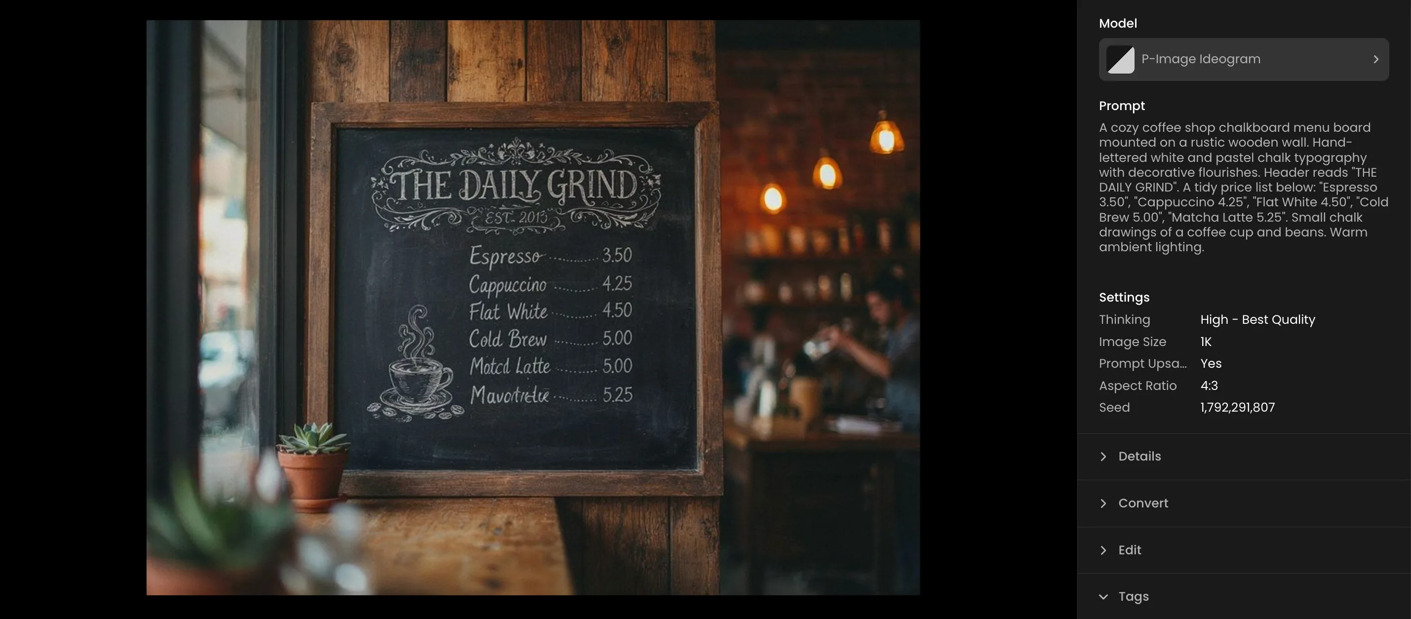 Rustic wooden coffee shop chalkboard menu displaying The Daily Grind beverages with warm ambient lighting and potted plant