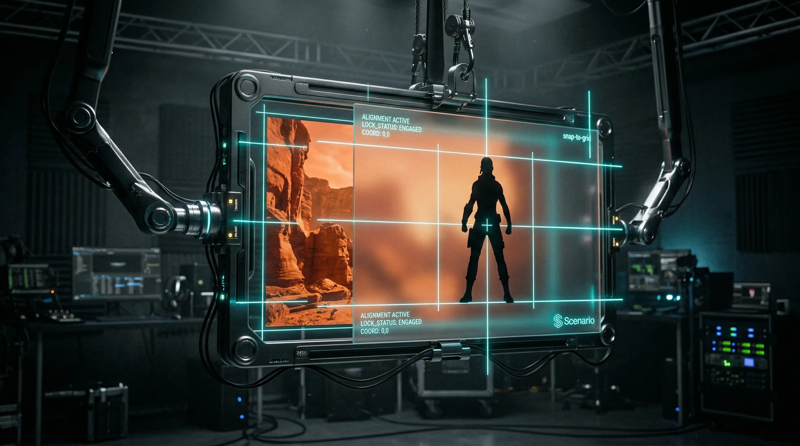 Futuristic holographic display with augmented reality interface showing silhouette figure and desert landscape in high-tech laboratory setting