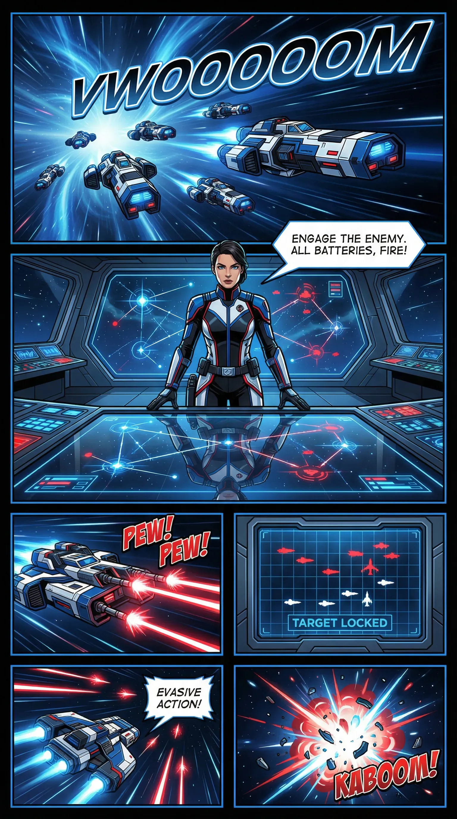 a comic page with a woman in a space suit and a spaceship
