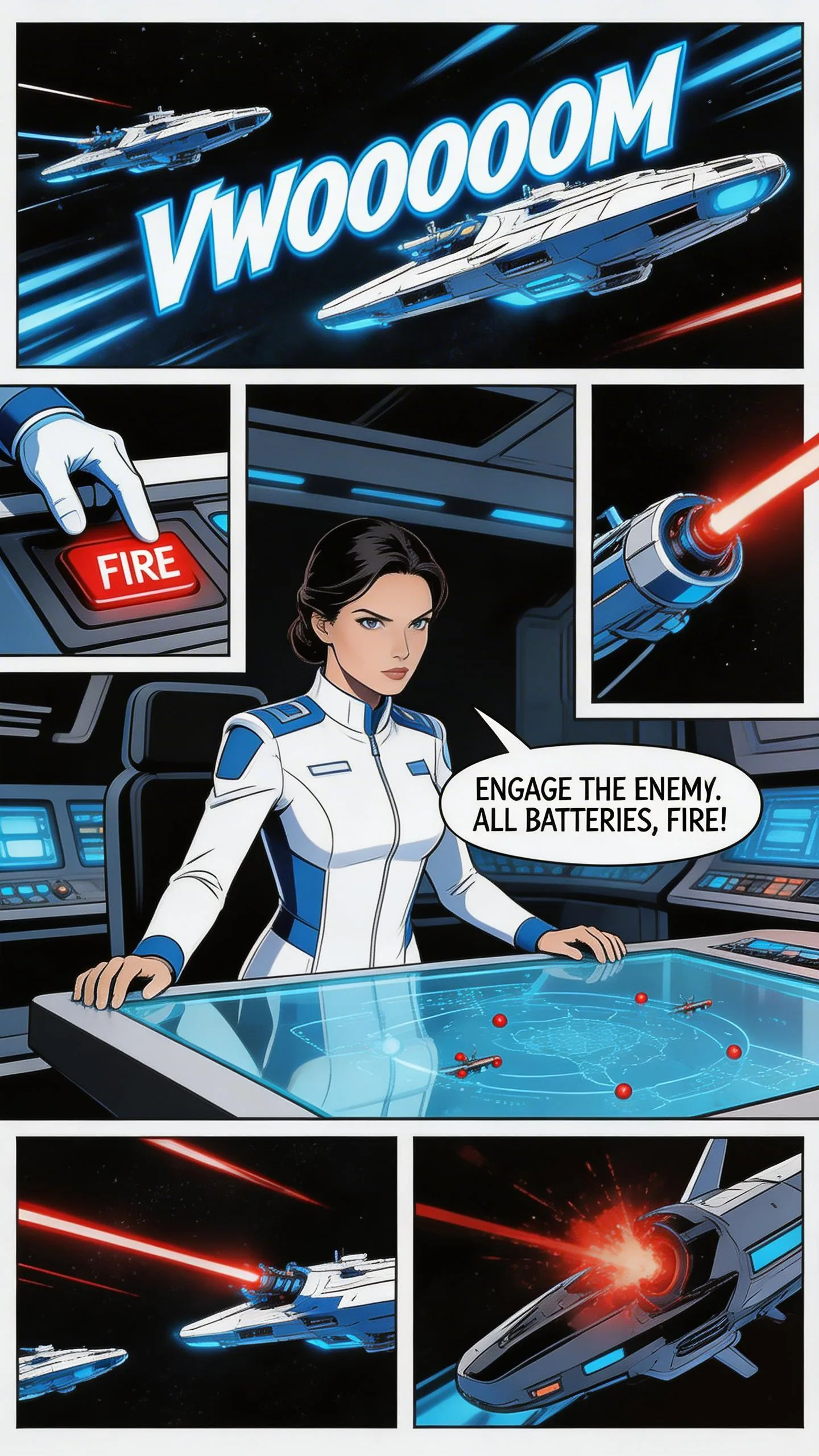 Sci-fi comic panel showing female commander in cockpit firing weapons at enemy spacecraft during space battle