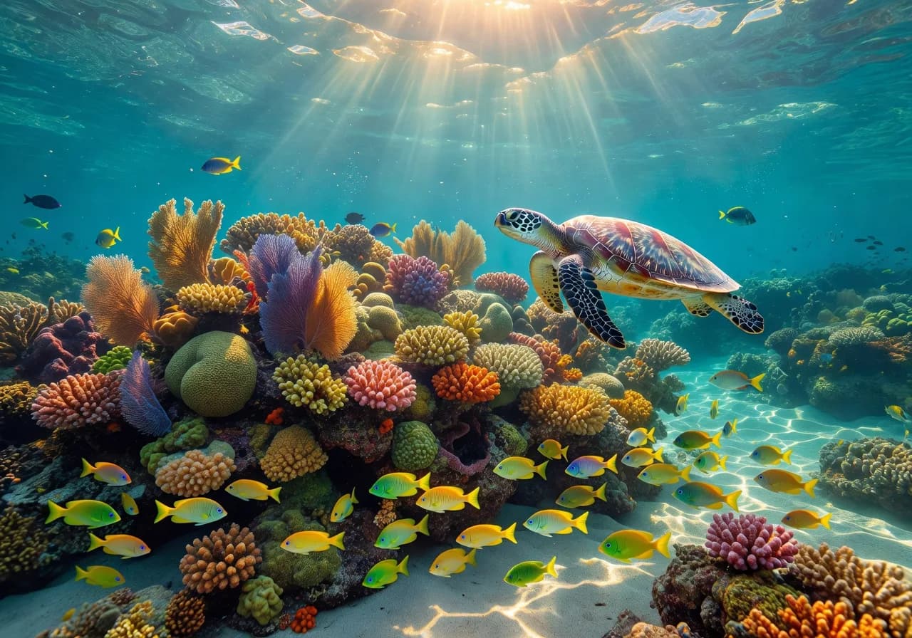 there is a turtle swimming over a coral reef with many fish