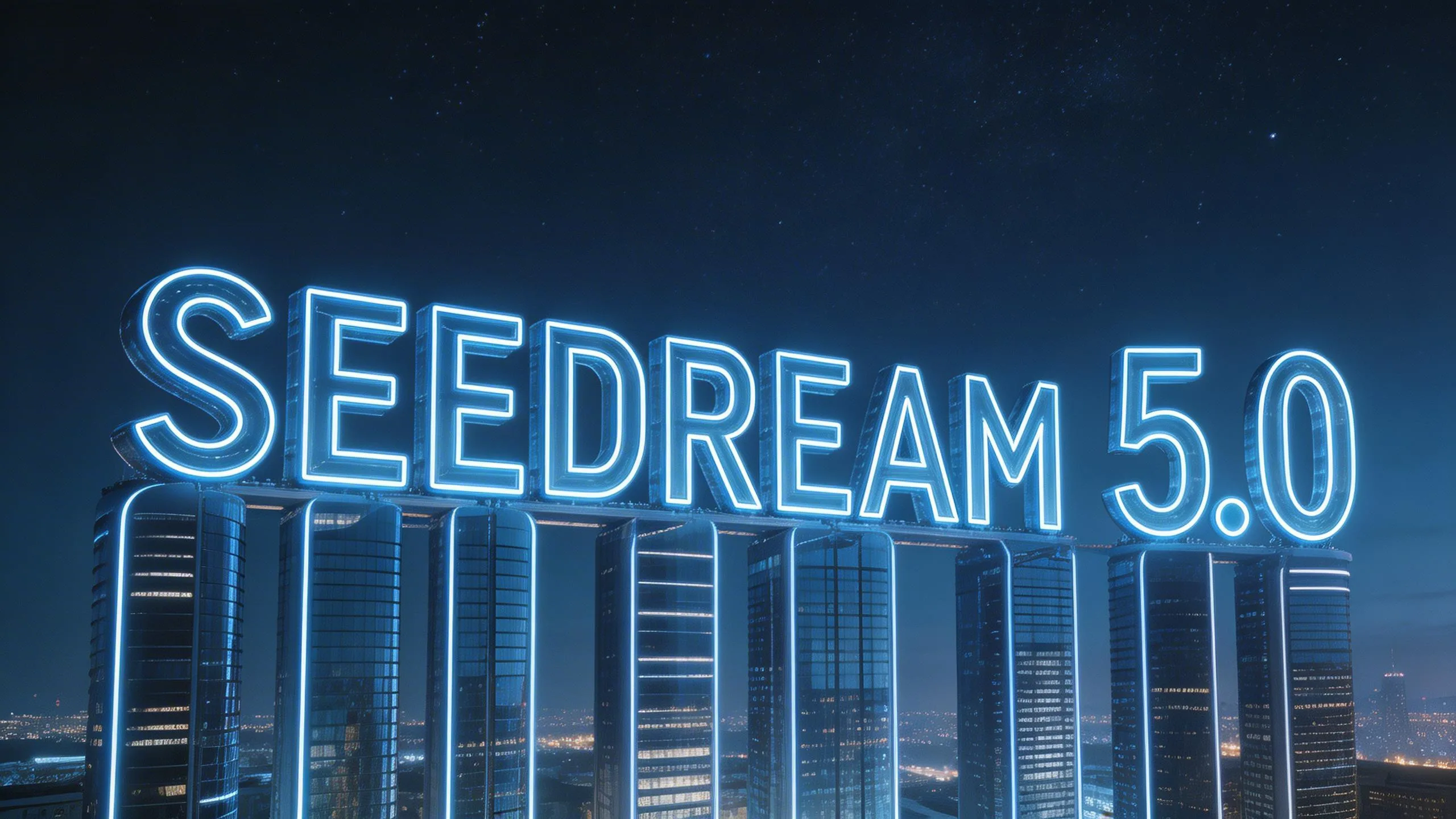 Blue neon sign reading 'SEEDREAM 5.0' glowing above modern skyscrapers at night in futuristic cityscape