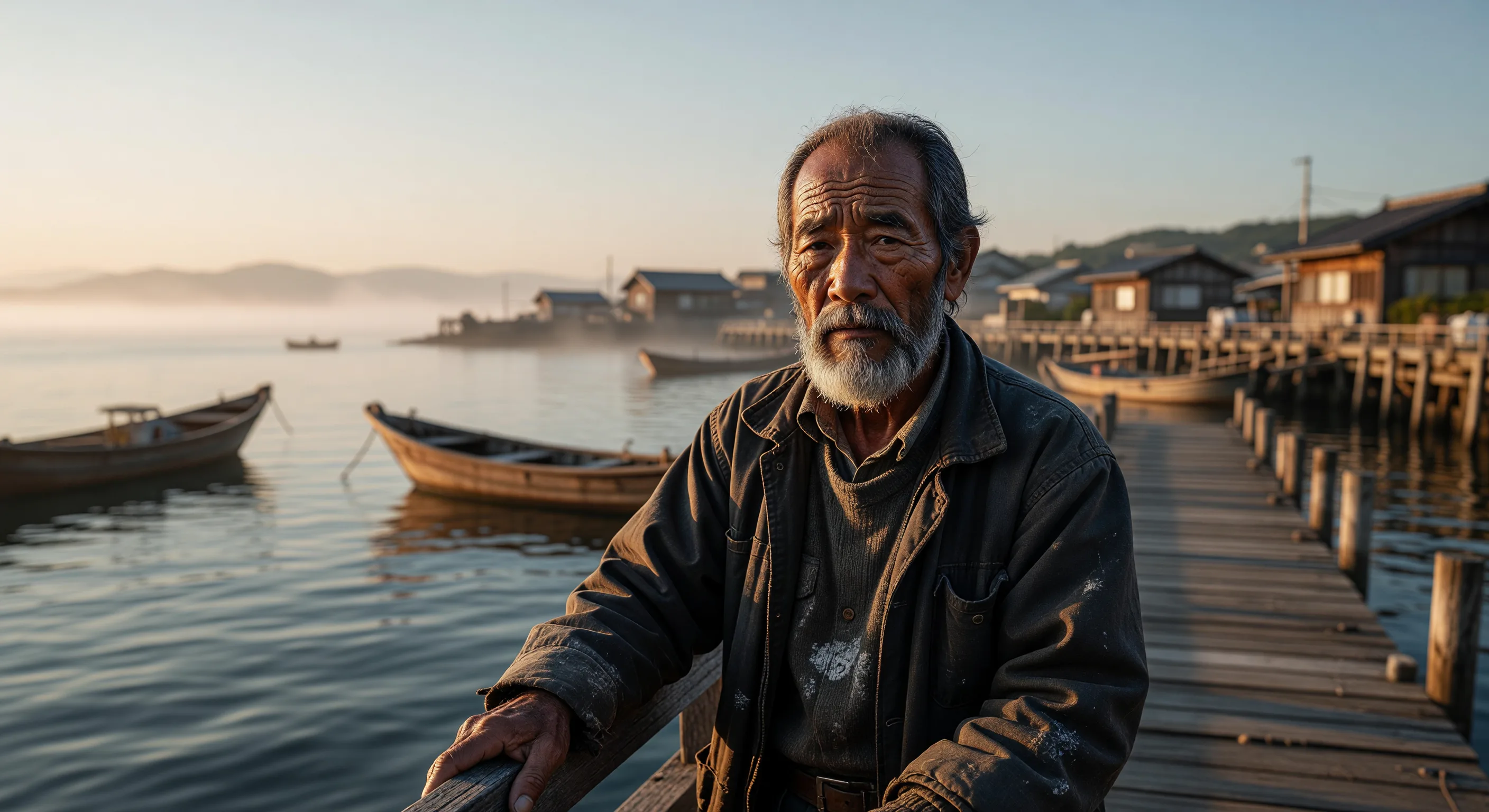 there is a man standing on a dock with boats in the water