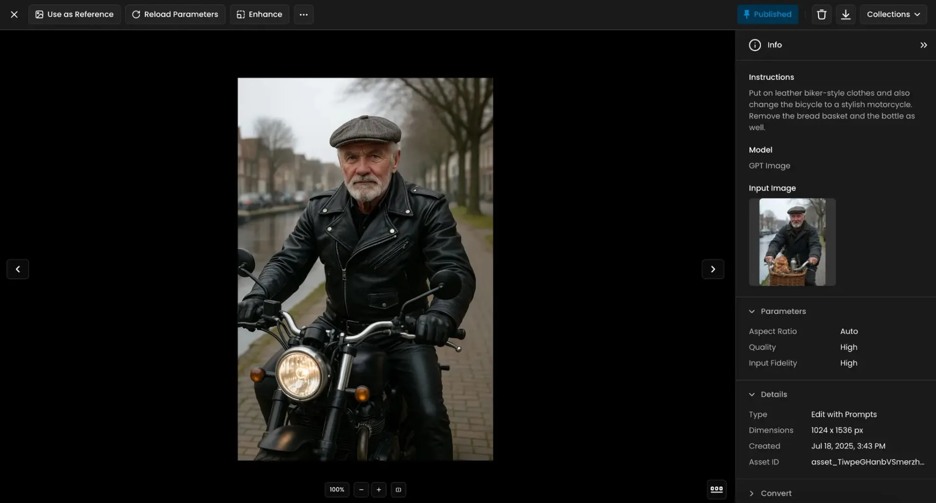 Older man wearing biker leather jacket riding a classic motorcycle on a city street, trees and canal in background.