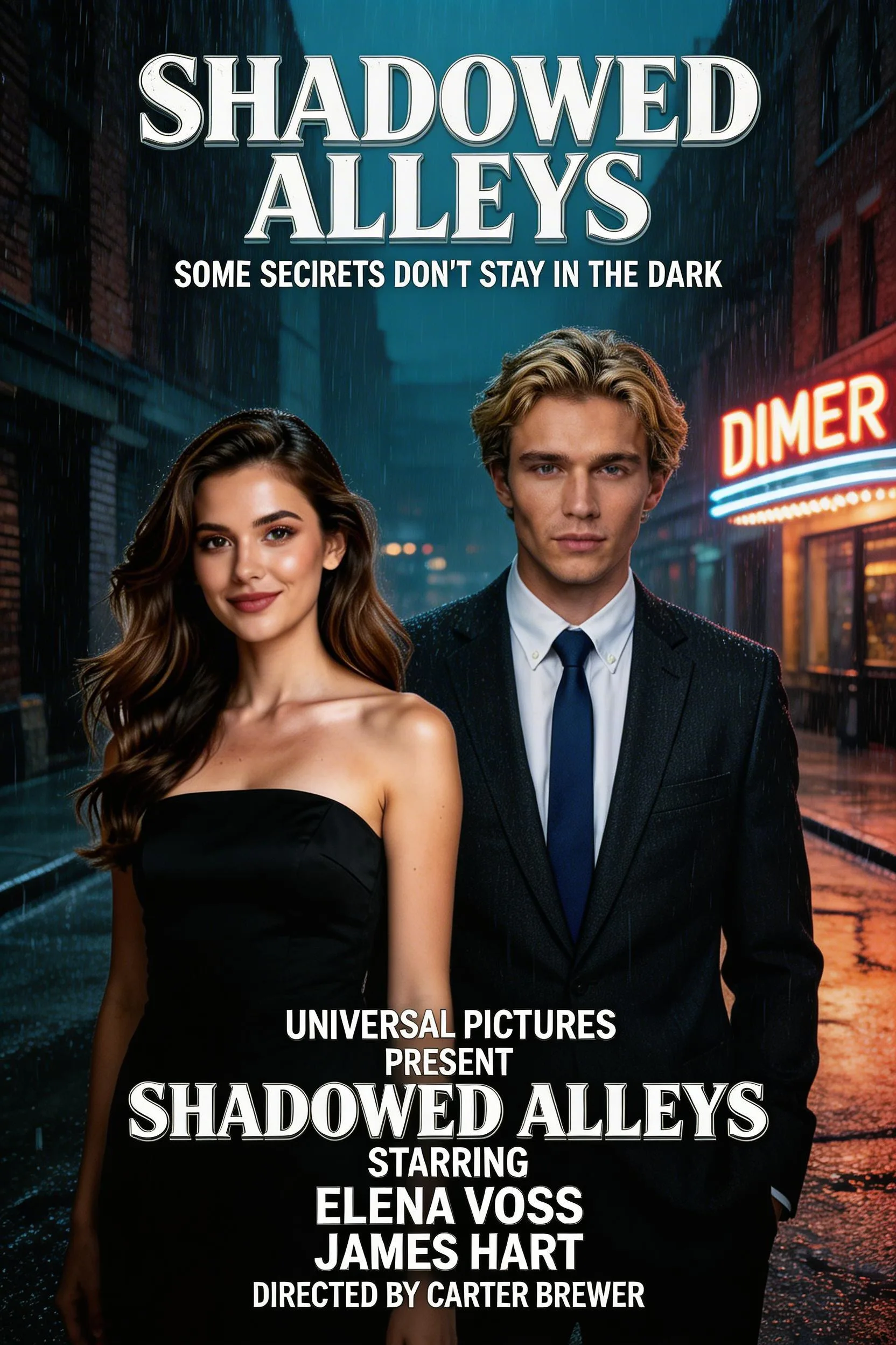 Movie poster for Shadowed Alleys thriller featuring couple in noir alley with diner neon sign and rainy ambiance