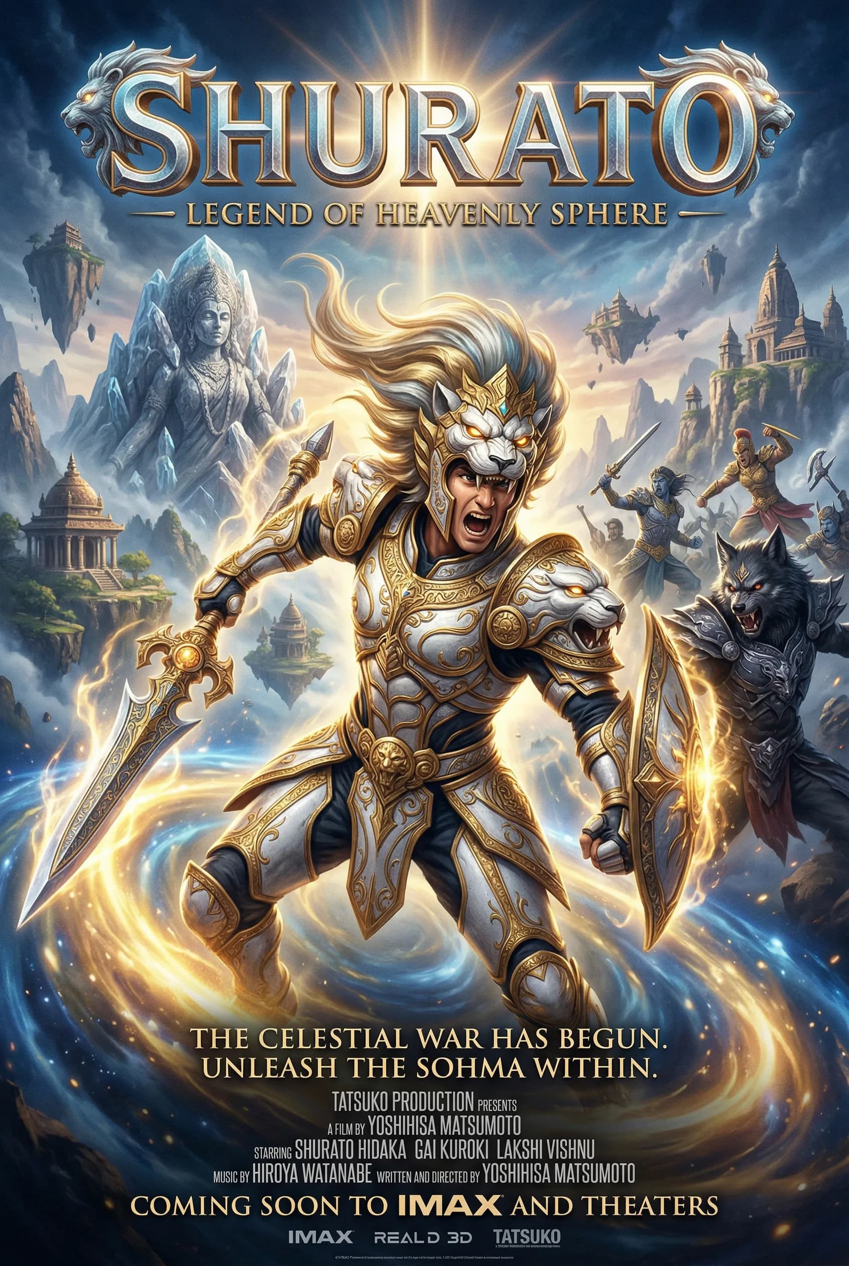 Shurato Legend of Heavenly Sphere movie poster featuring golden armored warrior with lion helm wielding glowing sword in heavenly palace landscape
