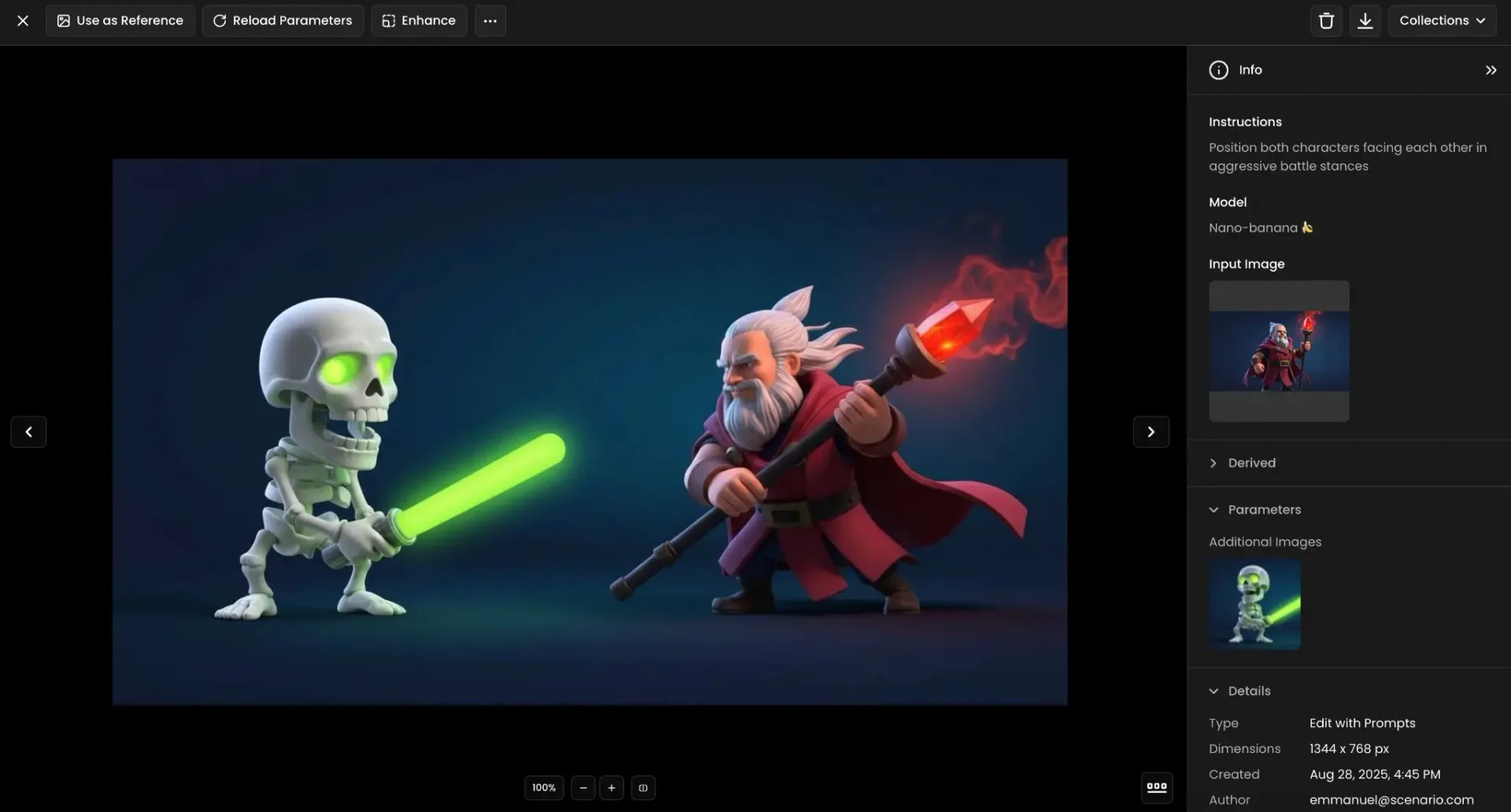 3D animated skeleton with glowing green sword faces off against wizard holding a red glowing staff in battle stance.