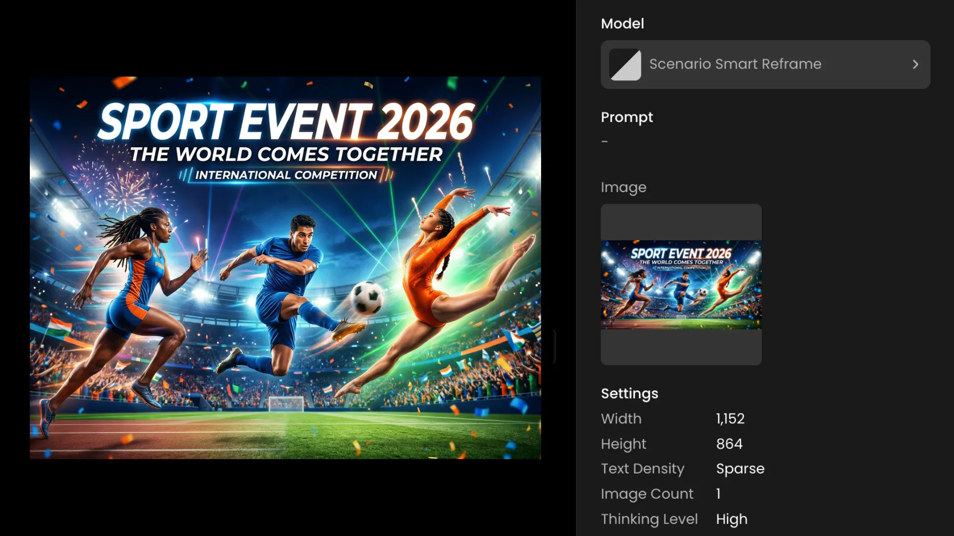 Dynamic sport event 2026 poster featuring athletes competing in running, soccer, and volleyball with colorful stadium lights and global audience