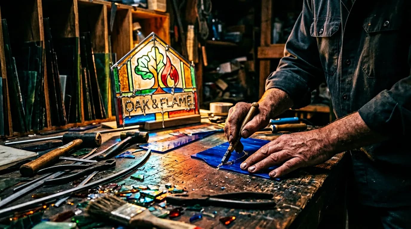Skilled craftsman working on stained glass project in workshop with Oak & Flame logo sign and hand tools