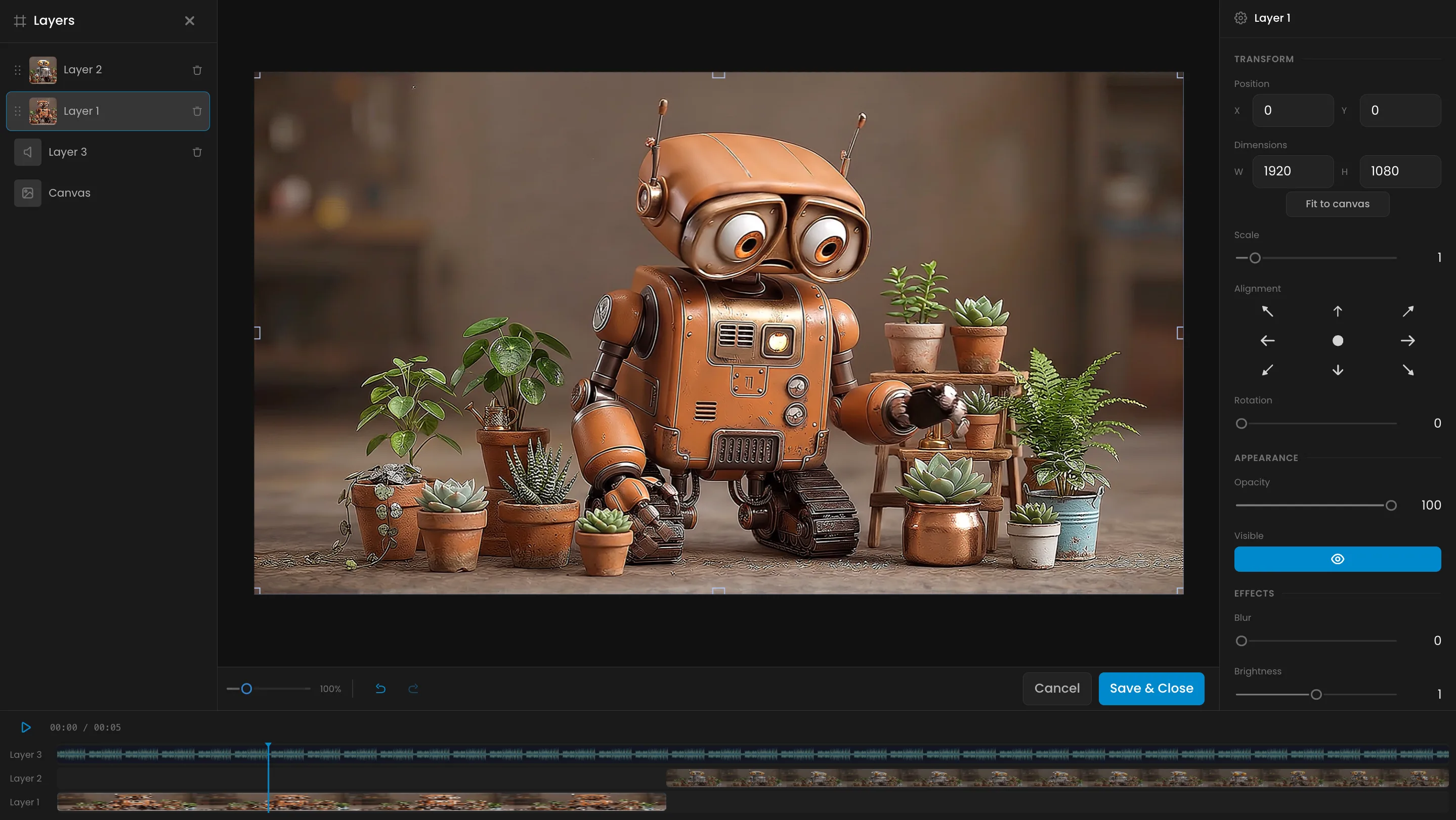 Steampunk robot with goggles tending to potted succulents and plants, surrounded by terracotta pots in warm brown tones