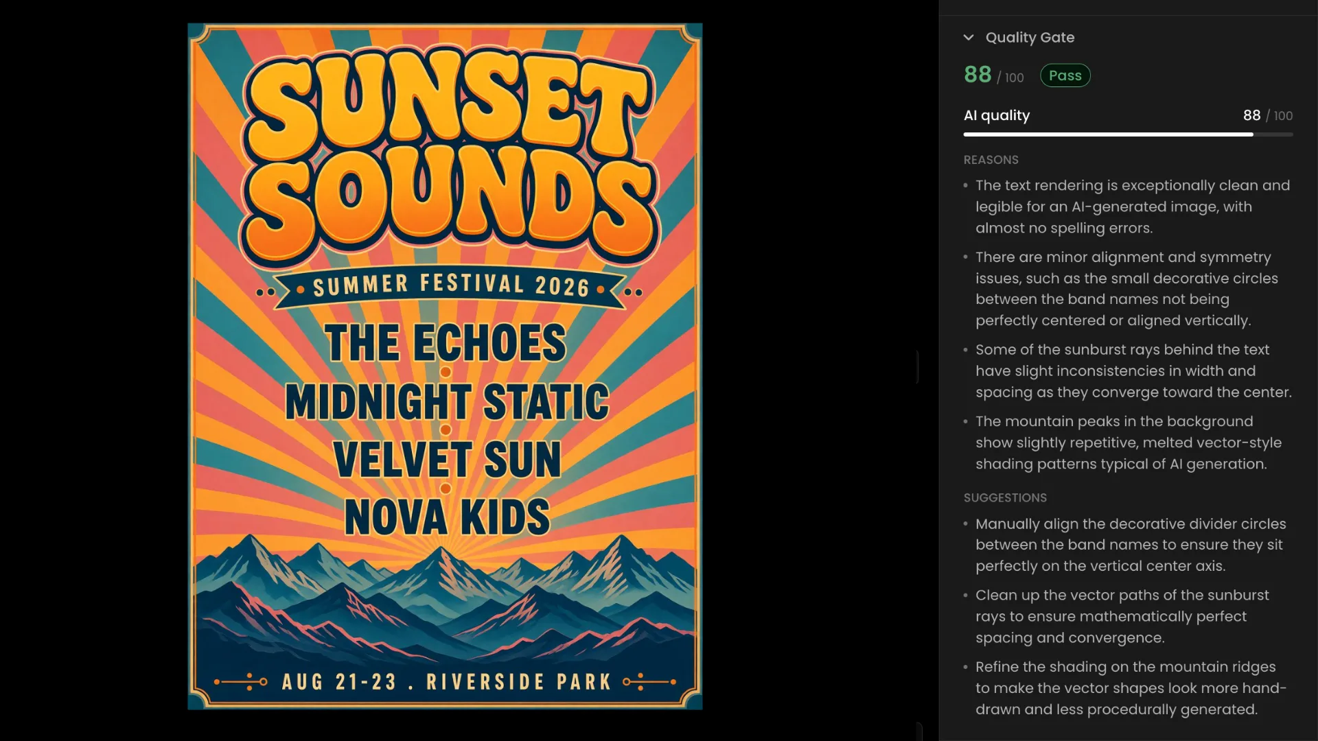 Sunset Sounds Summer Festival 2026 poster featuring colorful retro sunburst design with band names The Echoes, Midnight Static, Velvet Sun, Nova Kids at Riverside Park August 21-23