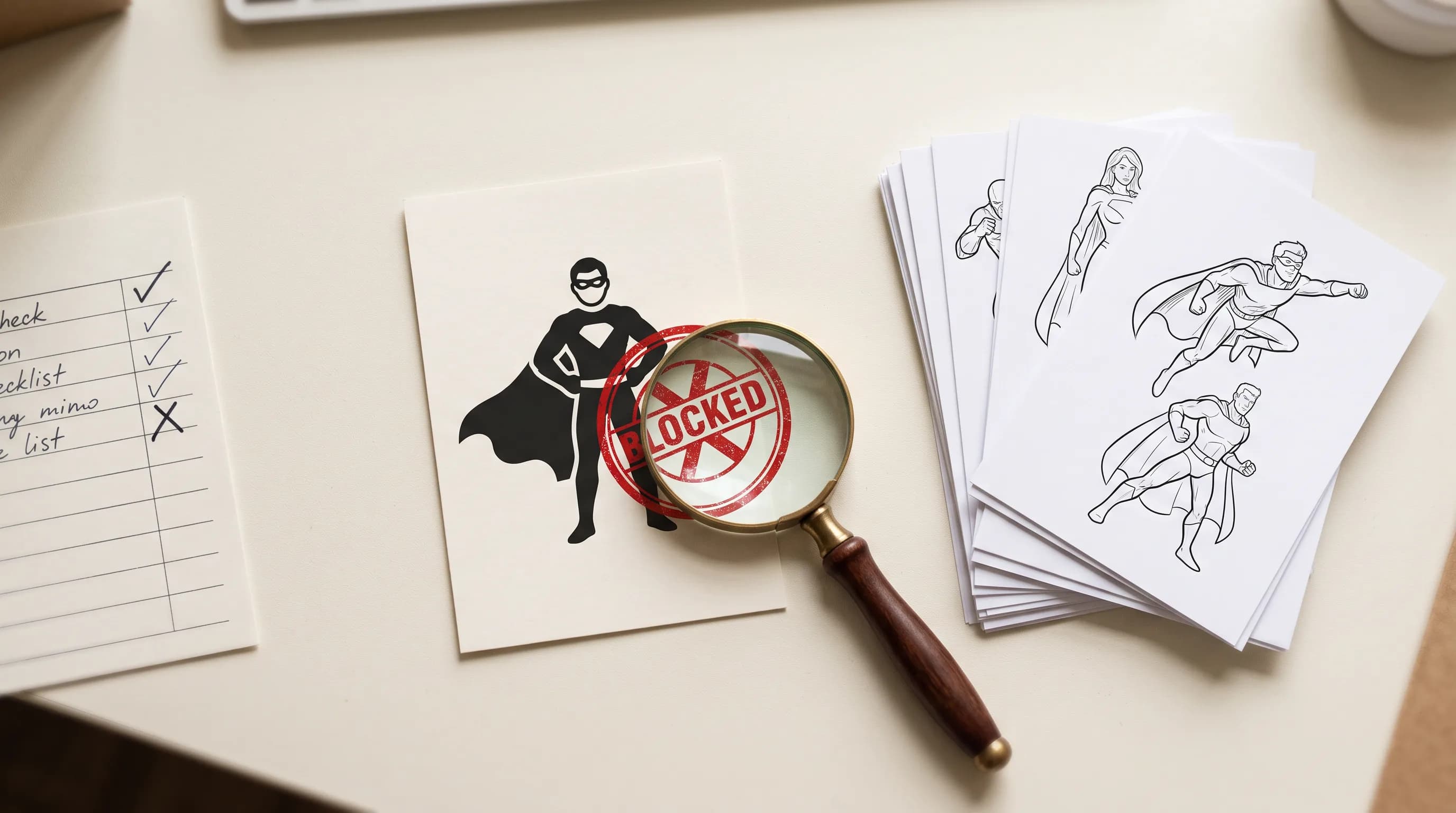 Superhero character design sketches with magnifying glass showing locked stamp, illustrating character development and visual research process