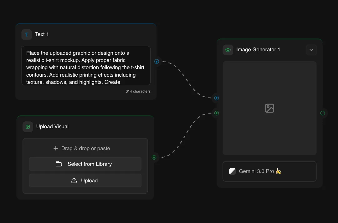 T-shirt mockup generator interface with design upload tool and Gemini 3.0 Pro AI for realistic fabric wrapping and printing effects