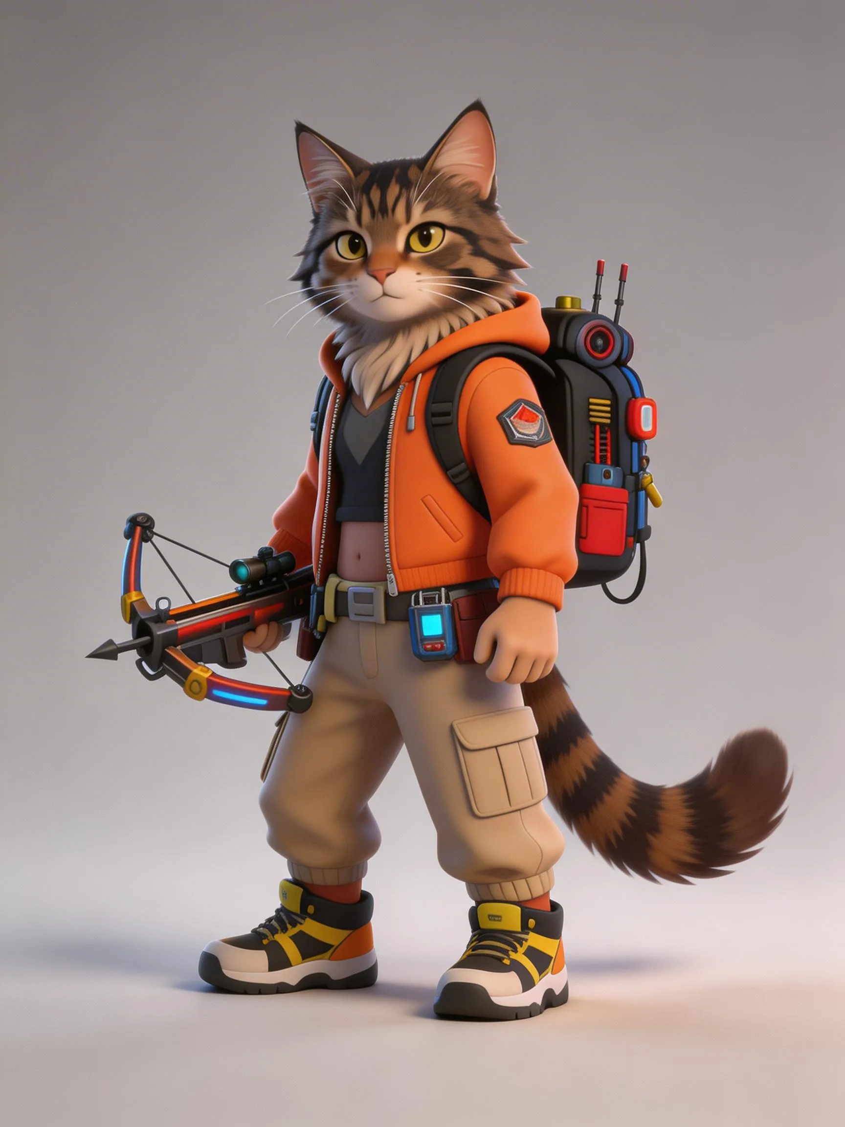 Anthropomorphic tabby cat warrior in orange tactical jacket and cargo pants, holding a colorful crossbow, equipped with high-tech gear and backpack