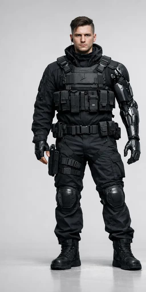 Male soldier in full tactical gear with body armor, cybernetic prosthetic arm, and black combat uniform standing against white background