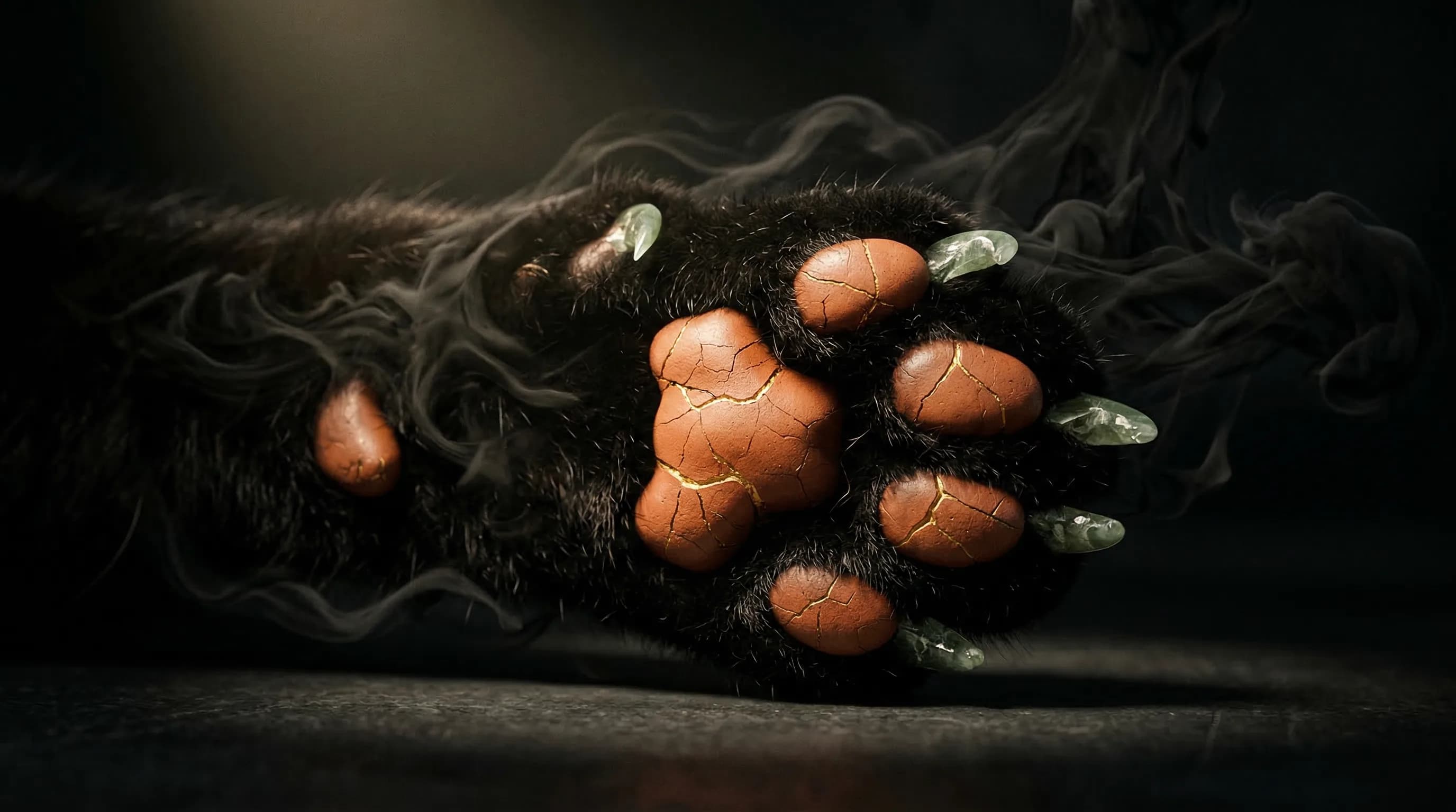Close-up macro photograph of a tarantula spider's hairy black leg with reddish-brown paw pads and claws on dark background