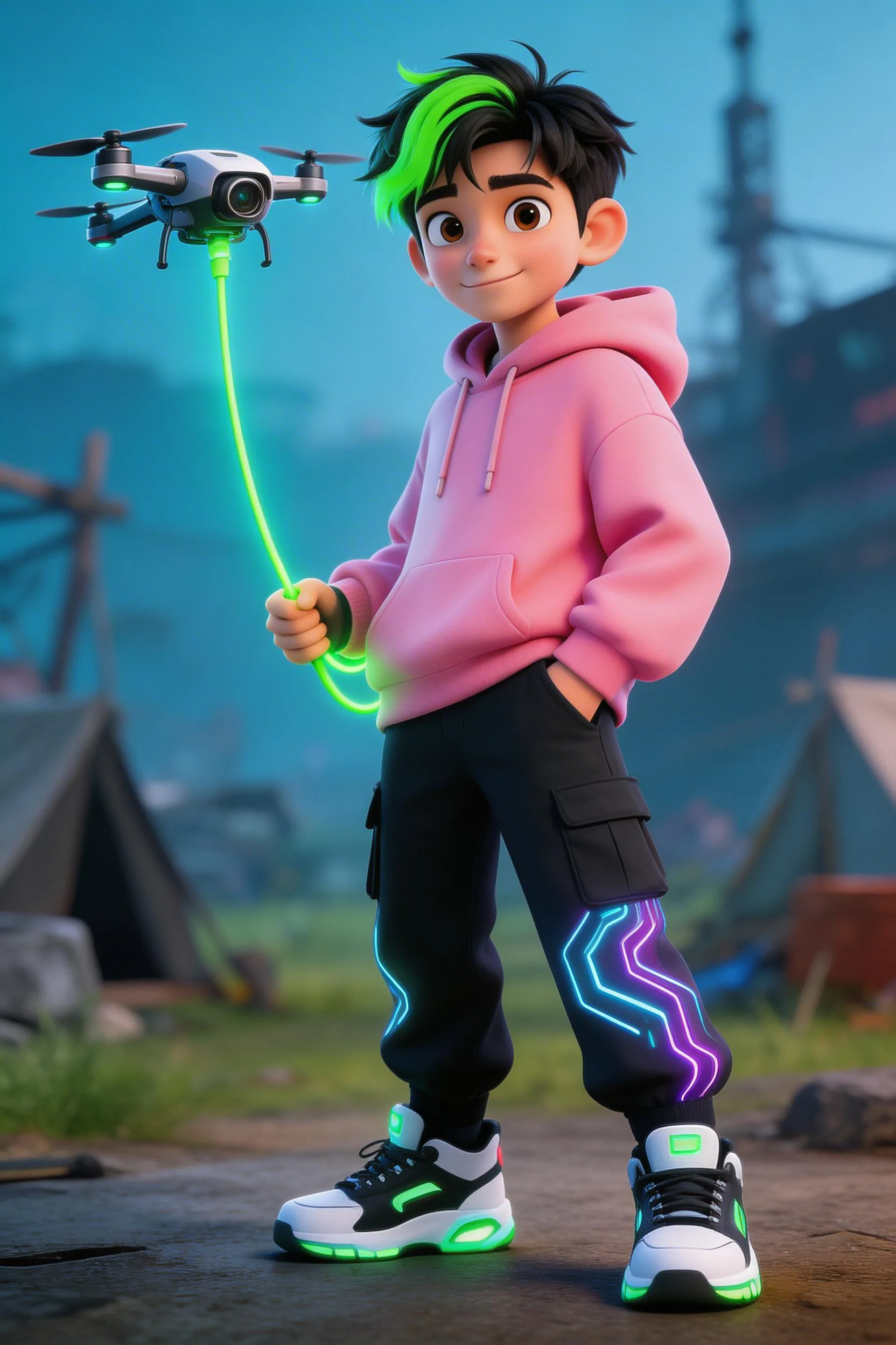 Animated boy with neon green hair wearing pink hoodie holding glowing drone with futuristic neon light details on clothing
