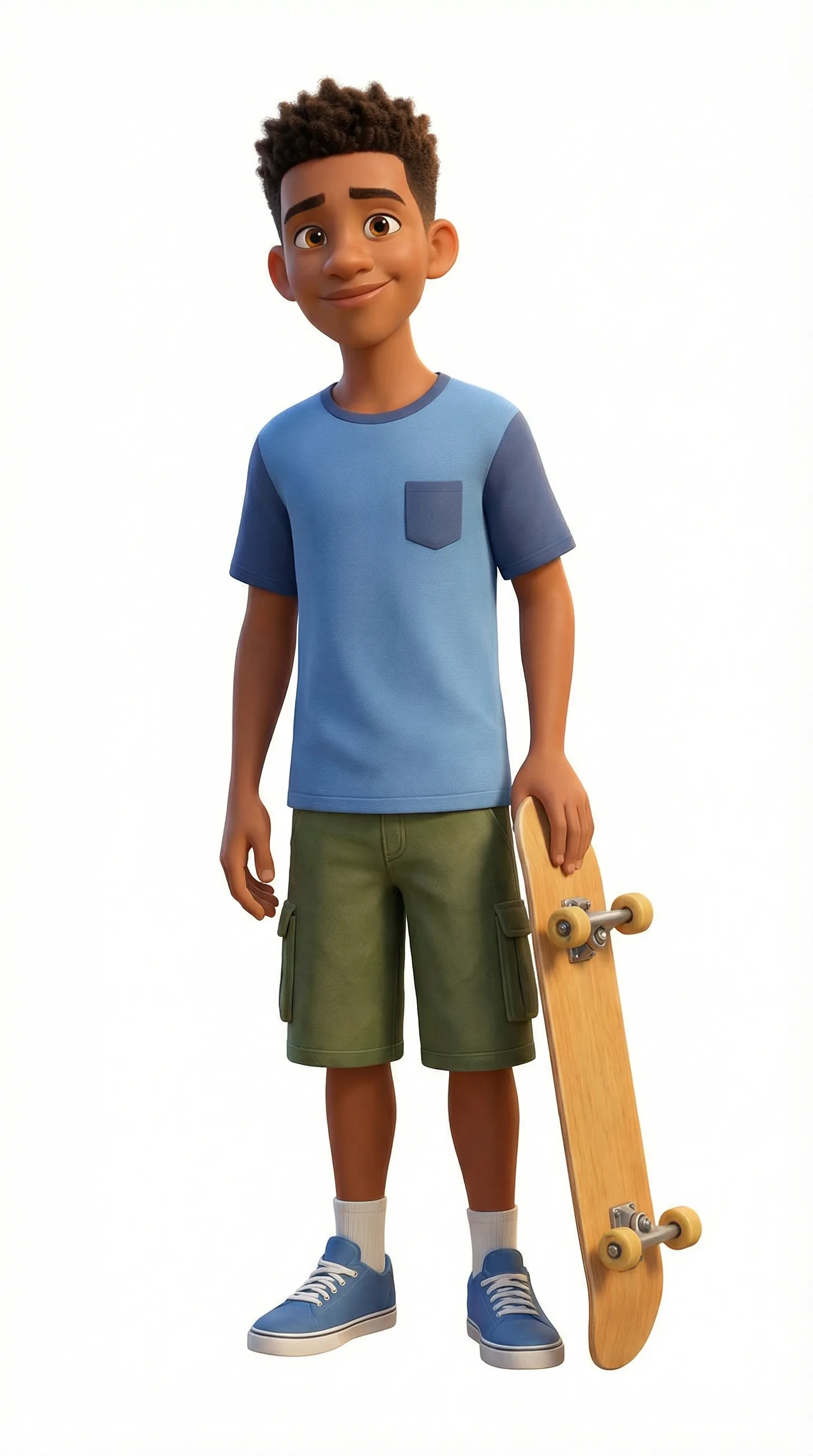 3D animated boy with skateboard wearing blue t-shirt and green shorts, smiling friendly expression