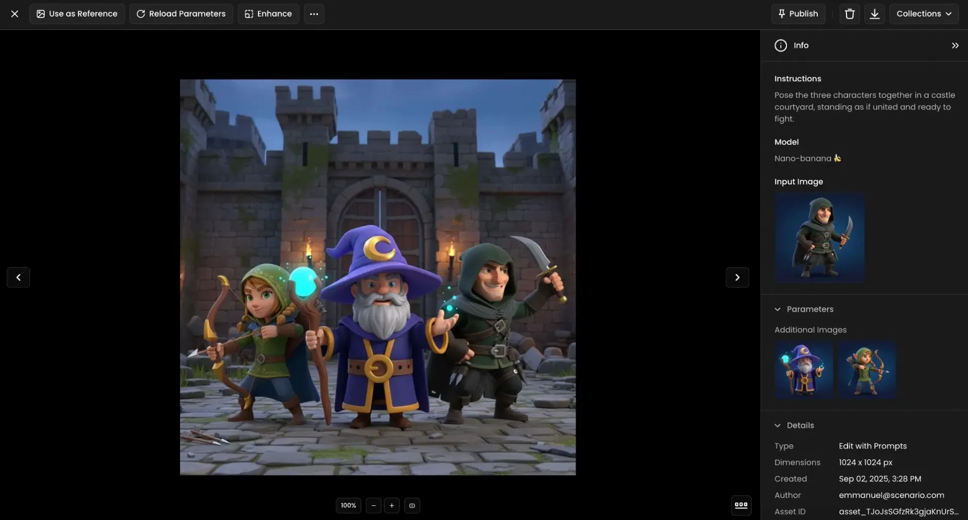 Three fantasy characters standing together: wizard in robes, archer with bow, and armored warrior in medieval castle courtyard setting.