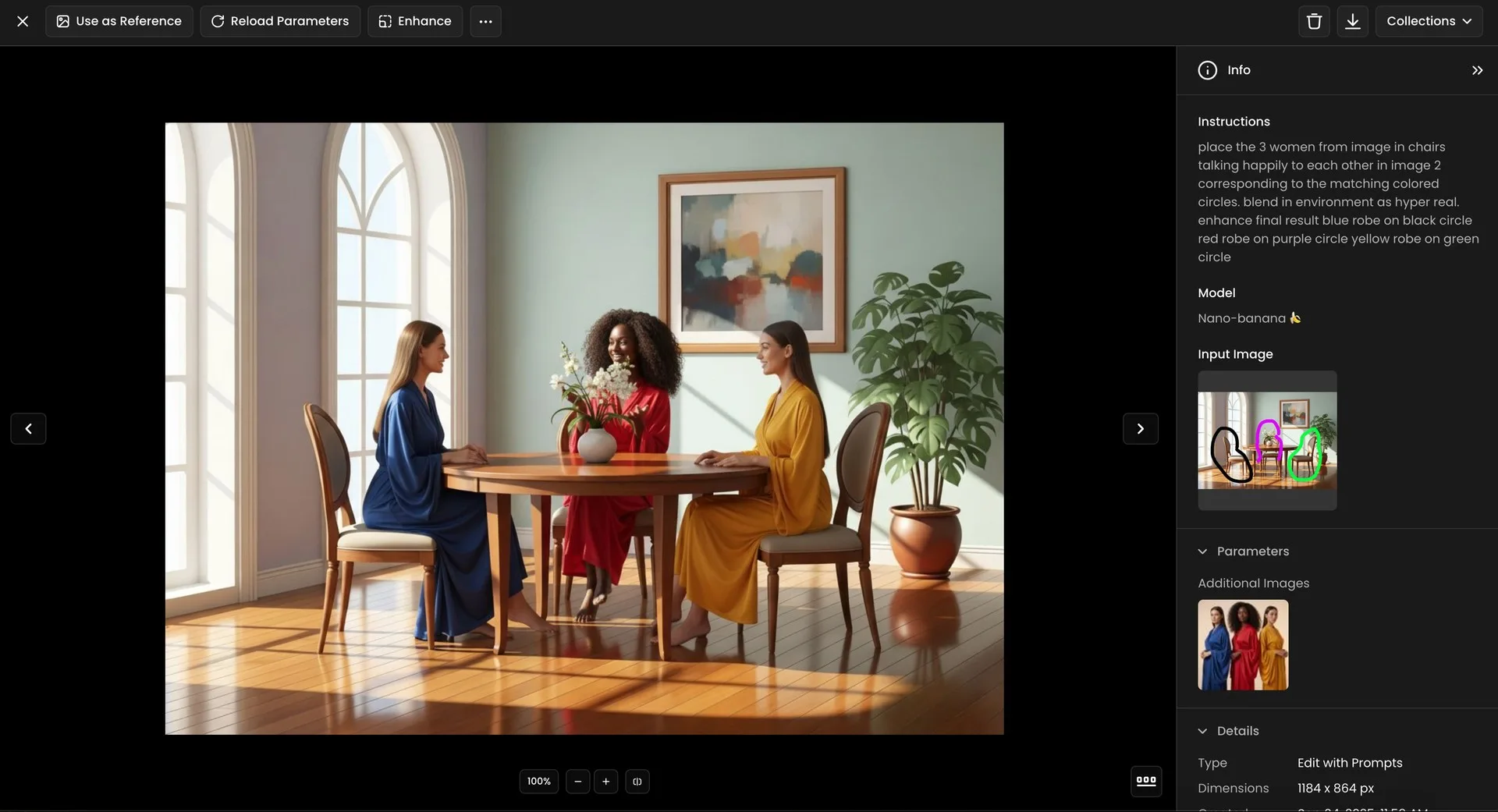 Three women in colorful robes sit around a wooden table talking and smiling in a sunlit modern living room.