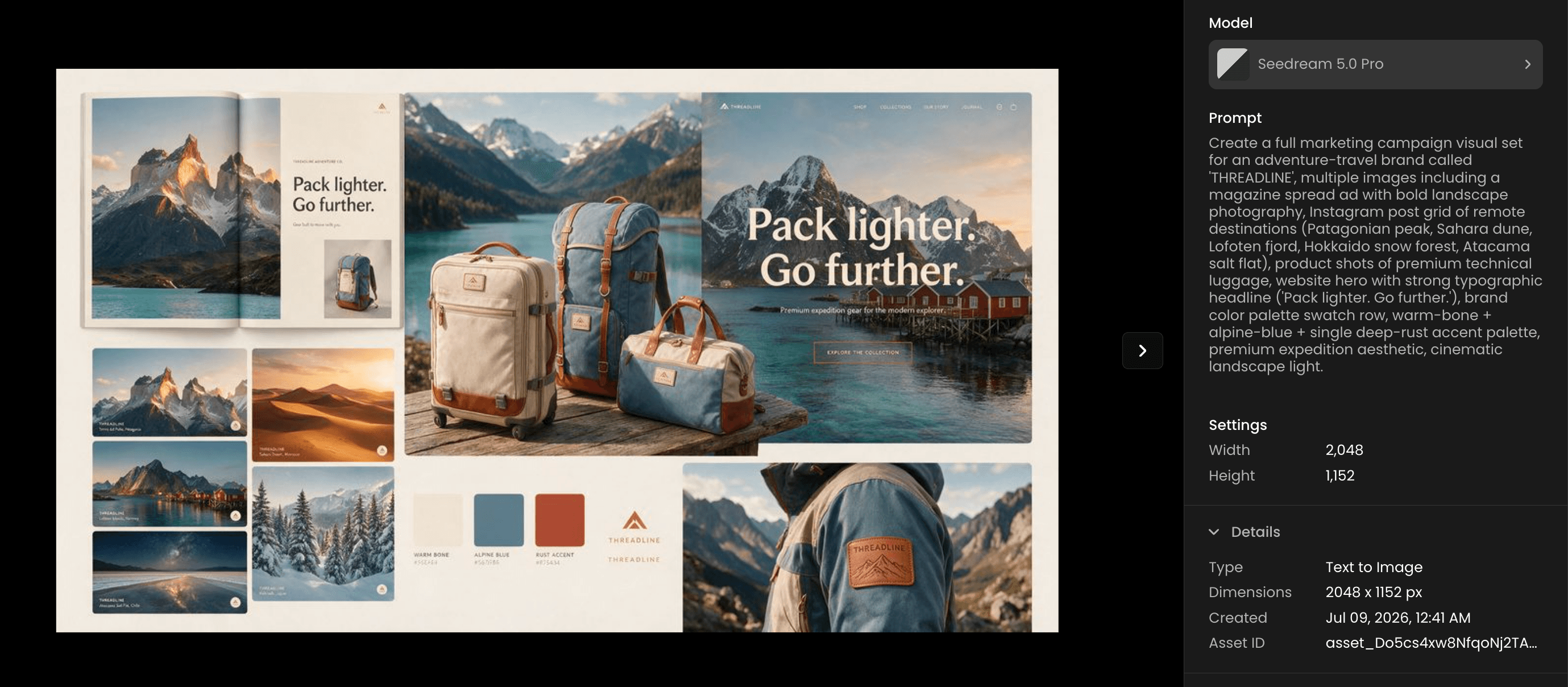 Adventure travel brand marketing campaign featuring mountain landscapes, outdoor gear, and hiking backpacks with 'Pack lighter, Go further' slogan