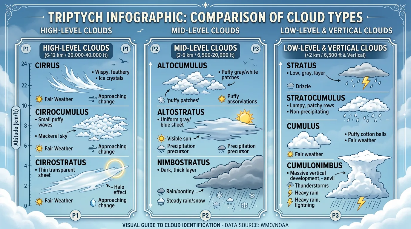 Triptych infographic comparing cloud types by altitude: high-level clouds (cirrus, cirrocumulus, cirrostratus), mid-level clouds (altocumulus, altostratus, nimbostratus), and low-level/vertical clouds (stratus, stratocumulus, cumulus, cumulonimbus) with weather indicators.