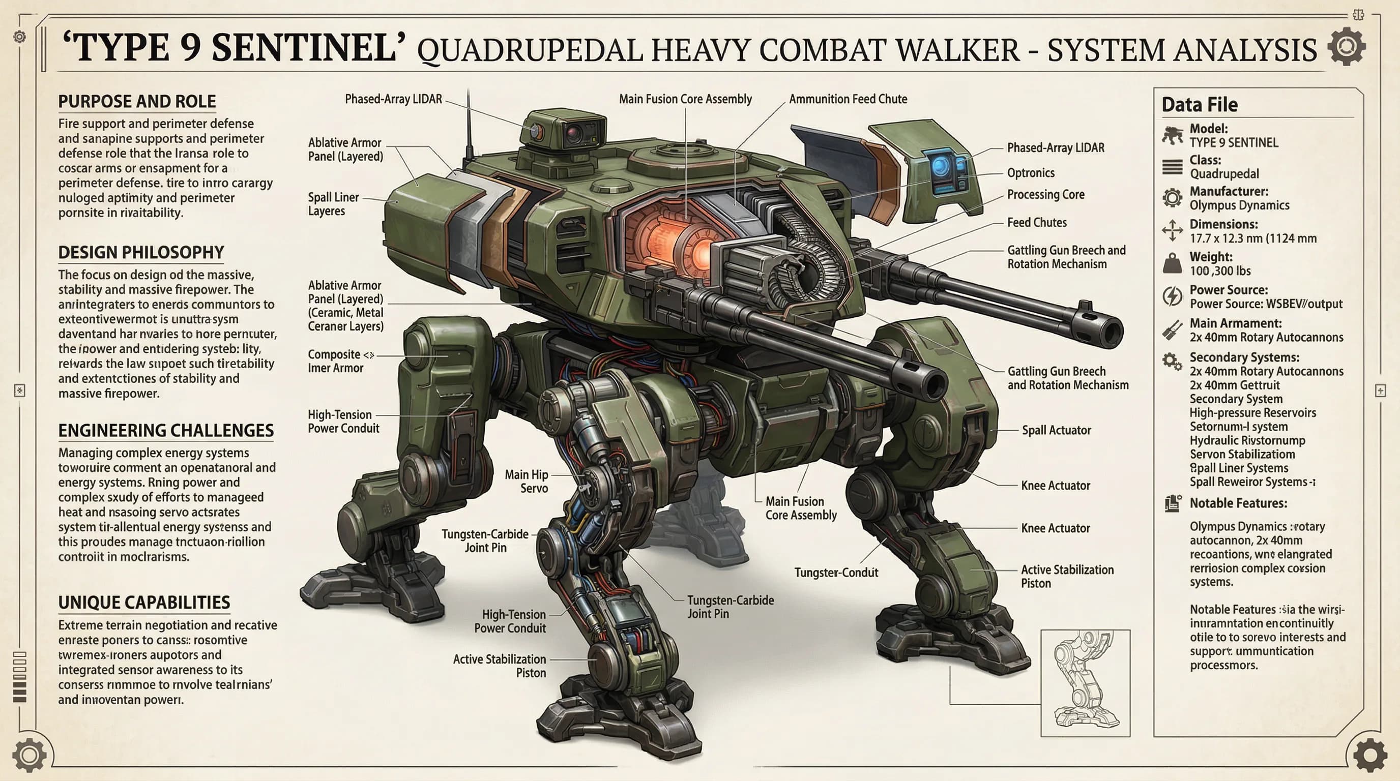 Type 9 Sentinel quadrupedal heavy combat walker with labeled system components including phased-array LIDAR, rotary autocannons, and fusion core assembly technical schematic