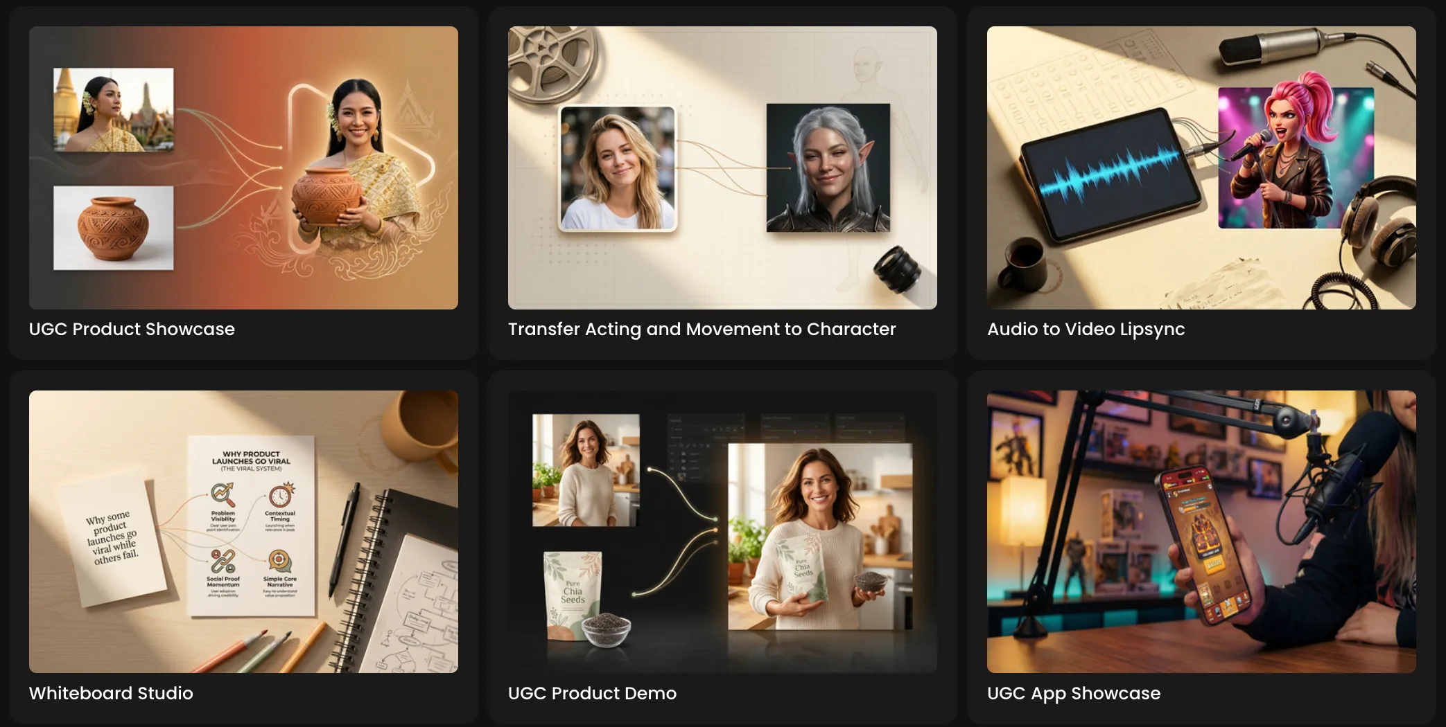 UGC product showcase grid displaying user-generated content examples including pottery, headshots, audio video software, product demos, and app presentations in professional studio setup.