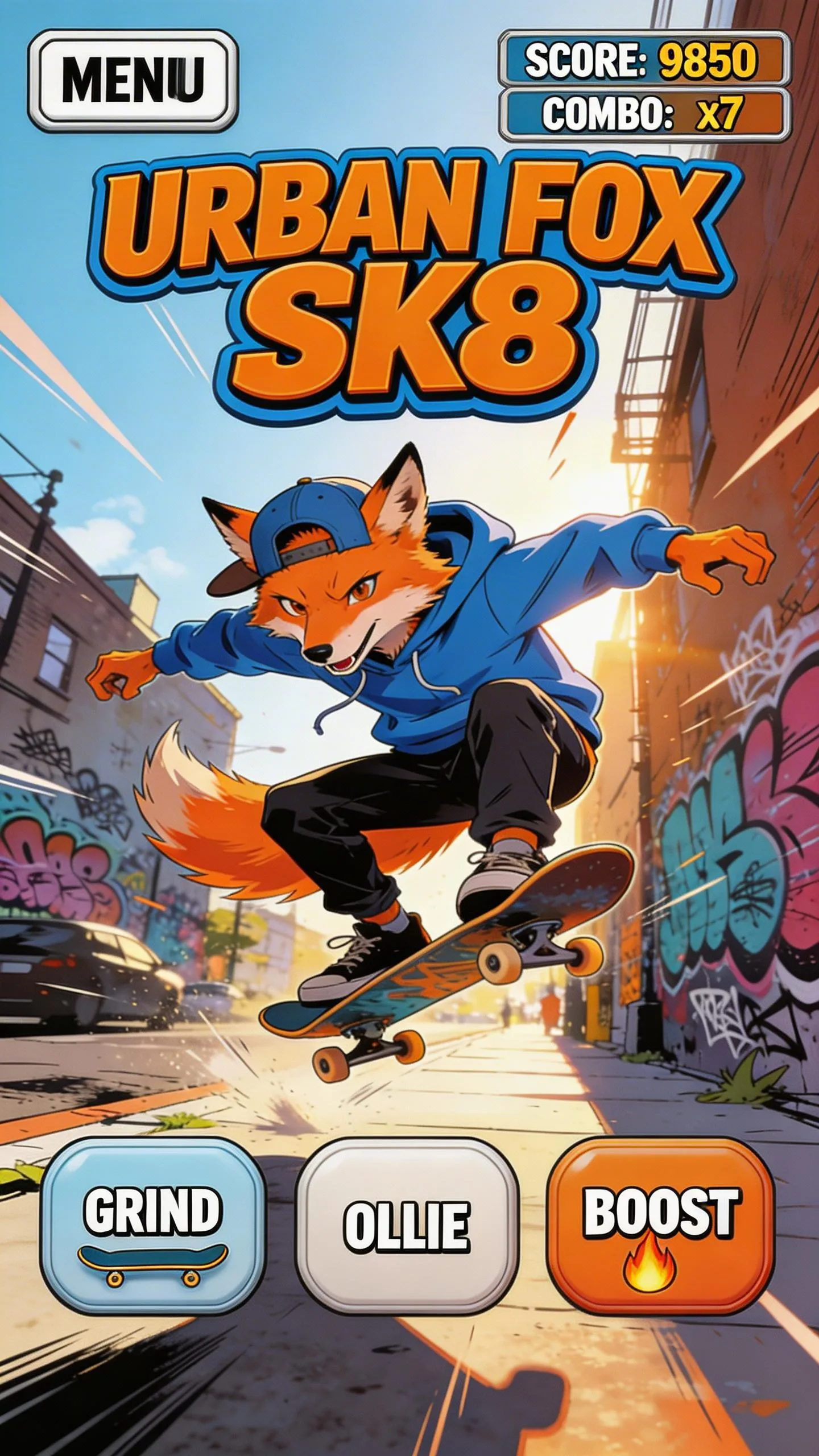 Urban Fox SK8 skateboarding game menu showing an orange fox character doing a trick on a skateboard in a colorful city street with graffiti walls