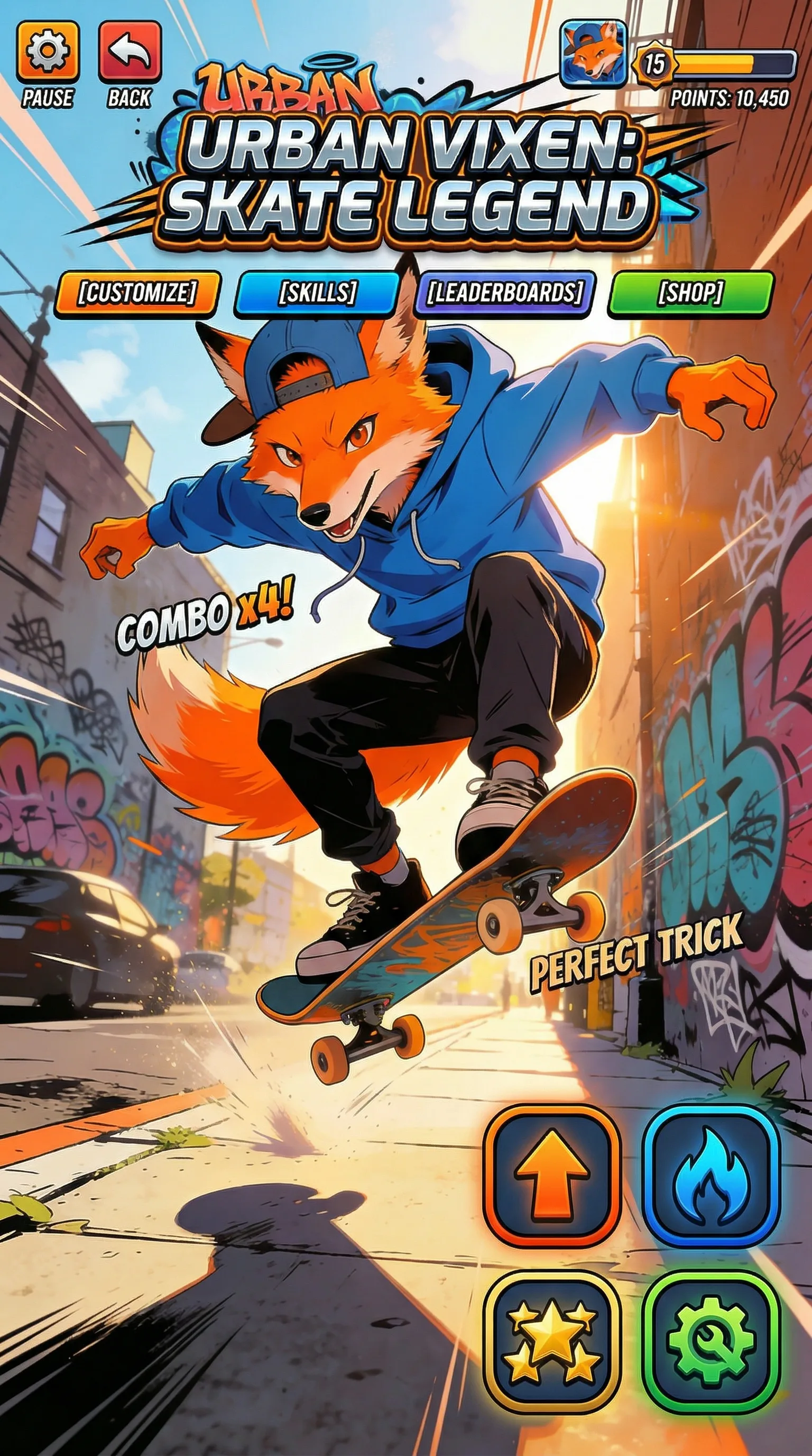 Animated orange fox character skateboarding in urban street with graffiti walls, mobile game UI for Urban Vixen Skate Legend