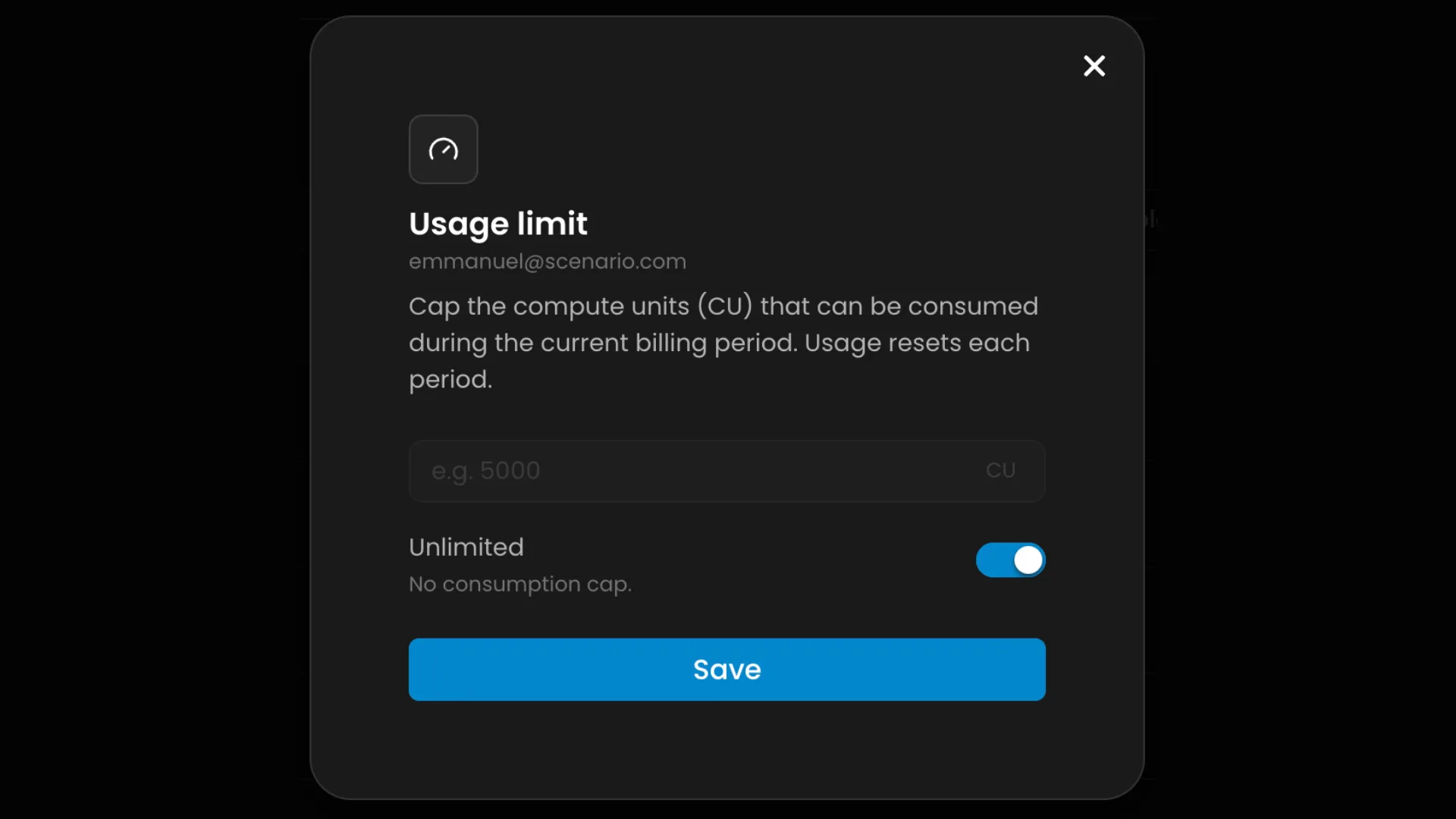 Usage limit settings dialog showing compute unit cap option with unlimited toggle enabled and save button